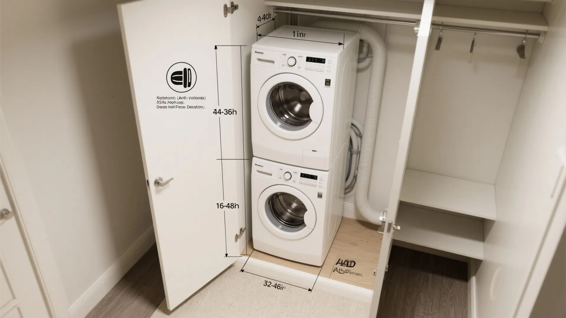 White stacked washer and dryer in closet with measurement lines and a long white venting pipe