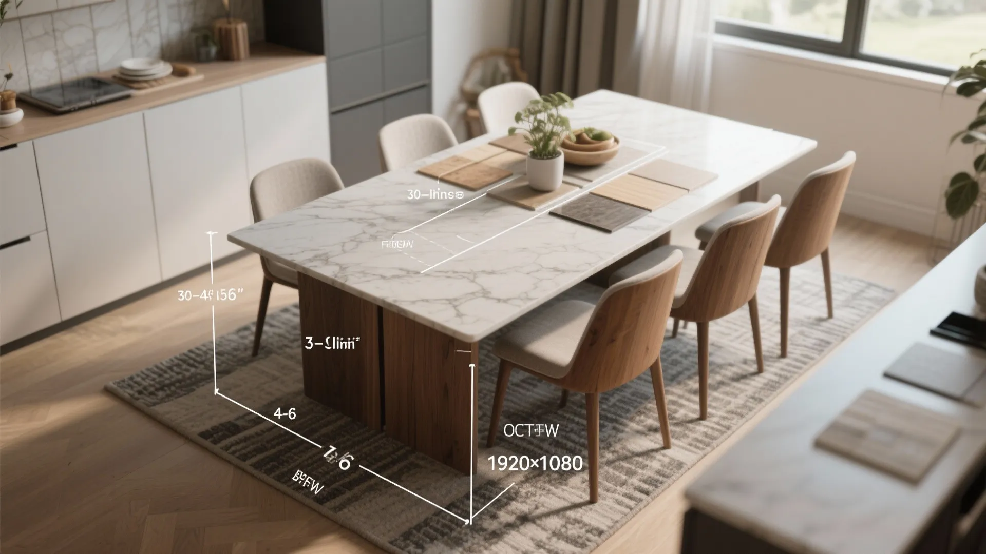Interior design drawing of marble dining table with chairs showing clearance dimensions and room layout