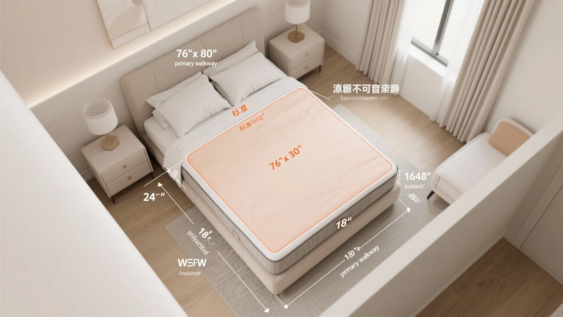 Top view of bedroom layout with bed, bedside tables, and text labels for primary walkway clearances