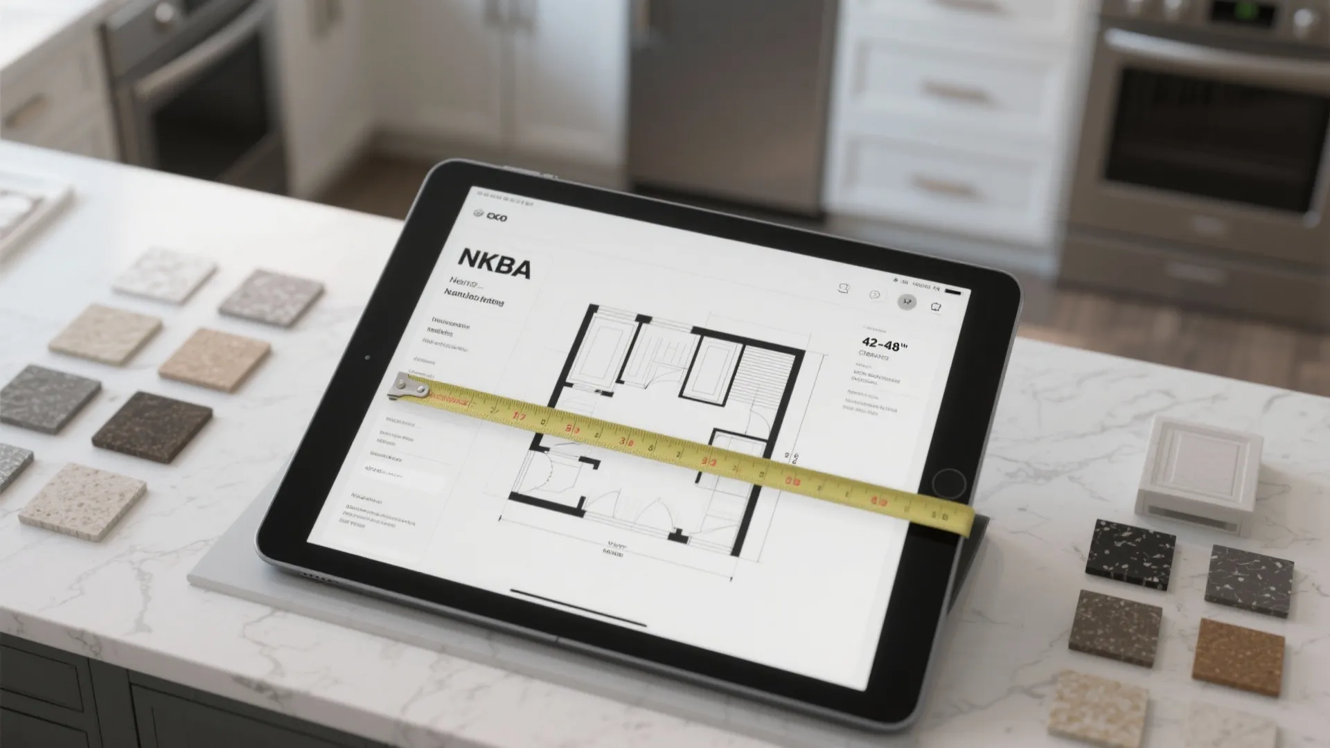 Tablet displaying room floor plan with a yellow measuring tape and various stone material samples