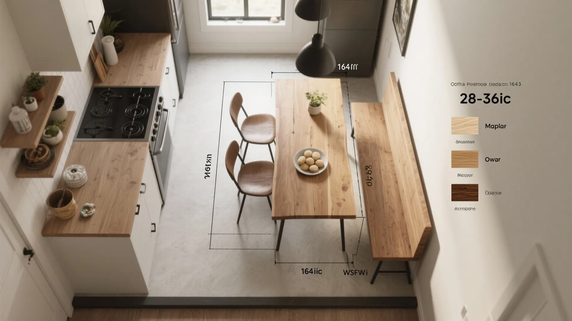 Top view of a kitchen layout design showing dining table dimensions and wood finish choices