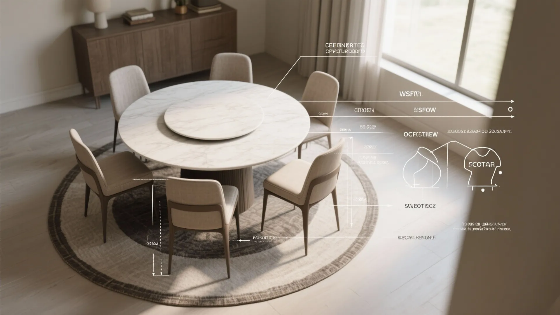 Round marble dining table with chairs and round rug showing layout measurements and clearance lines