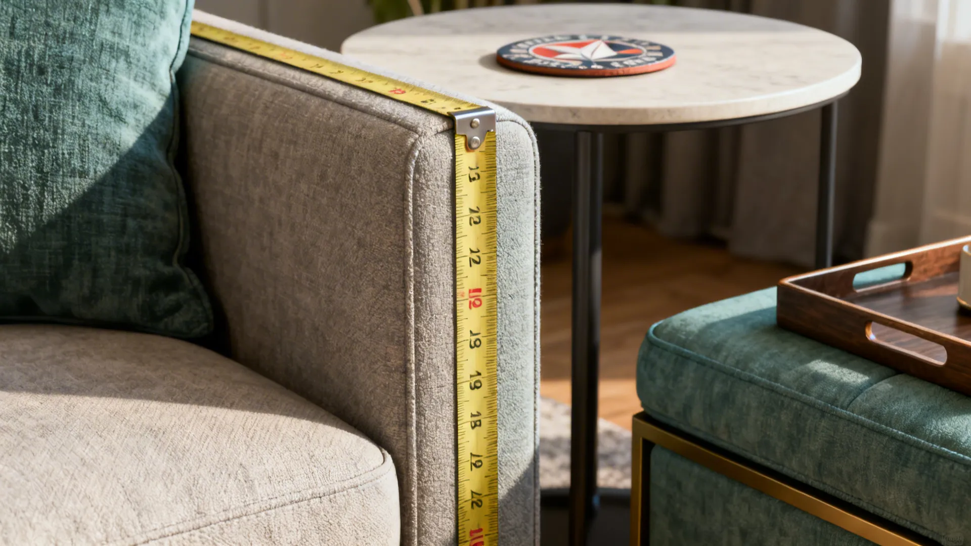 Sofa arm with measuring tape and small table demonstrating recommended clearances for accent tables