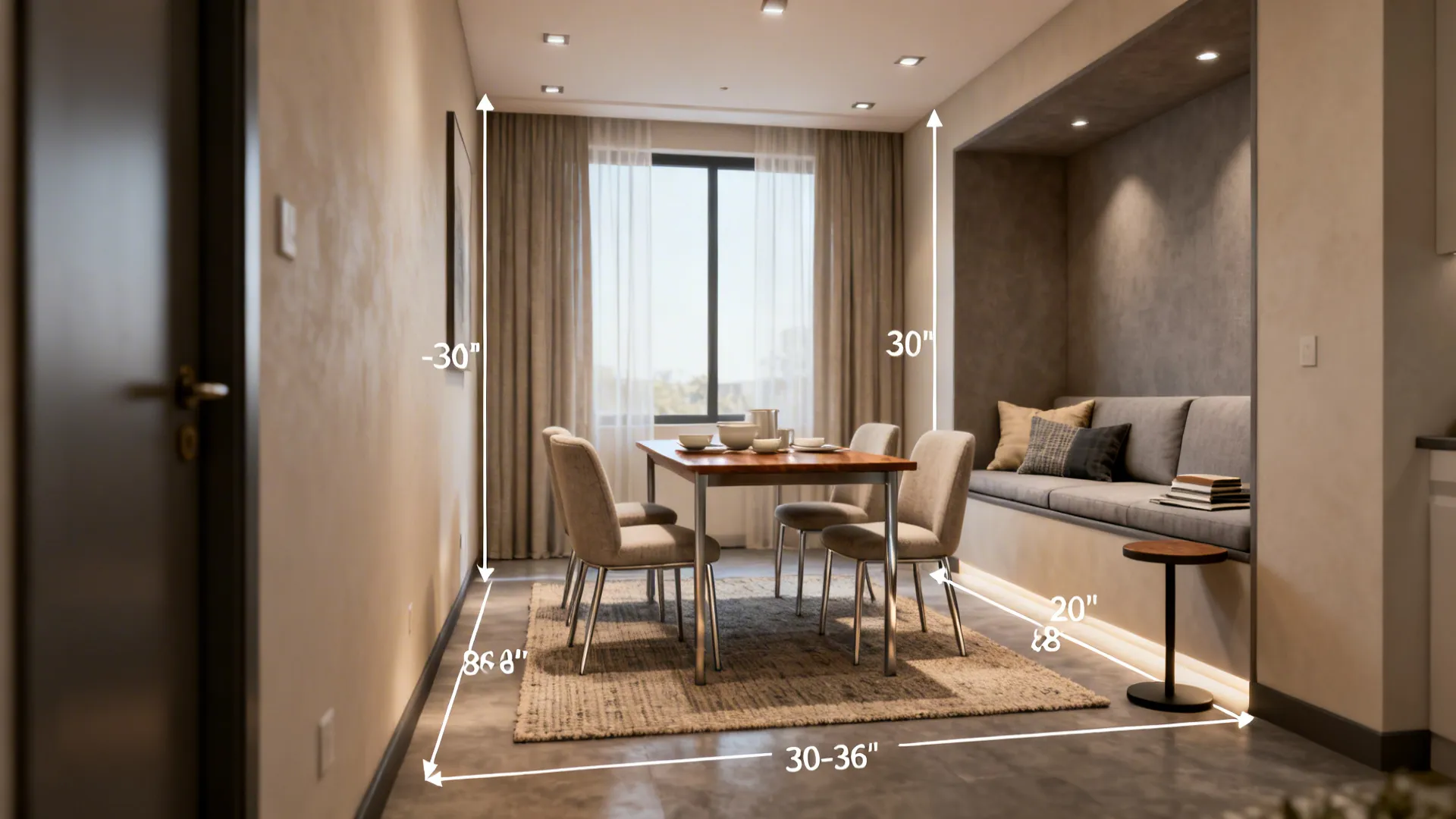 Combined dining and sitting area illustrating recommended circulation and rug proportions