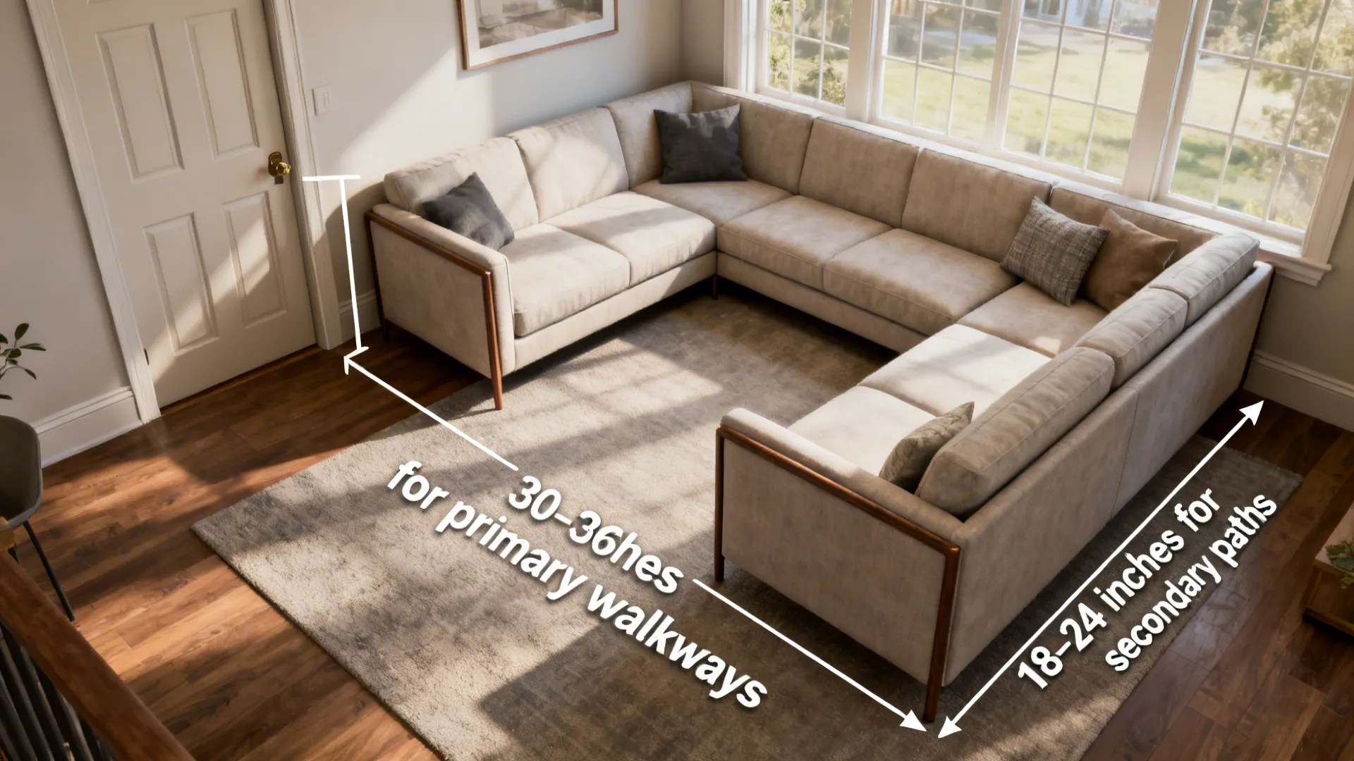 Small living room diagram showing recommended clearances around a U-shaped sofa and short-arm segment near a door.