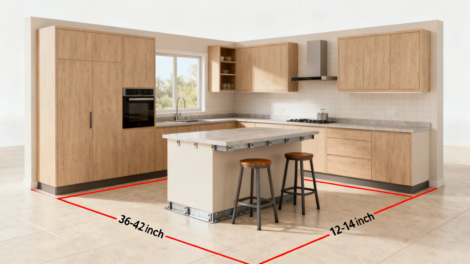 Compact kitchen with taped clearances around a small island-peninsula and tucked stools.