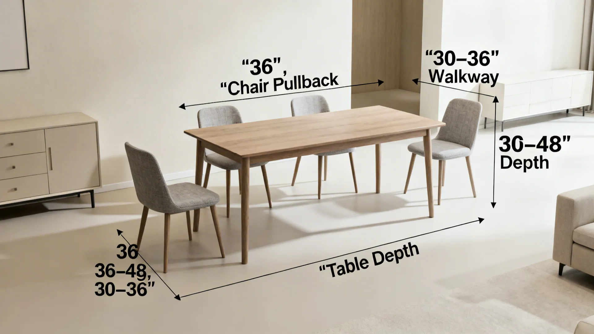 Dining table and chairs with measurement labels showing recommended walkway and chair pullback space distances