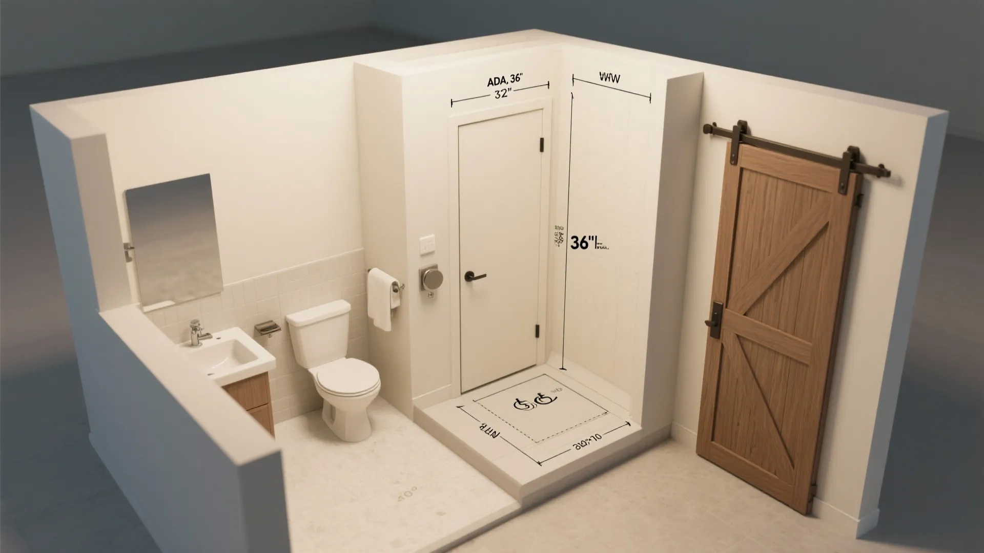 Annotated plan view showing ADA clearances and door type comparisons for bathrooms.