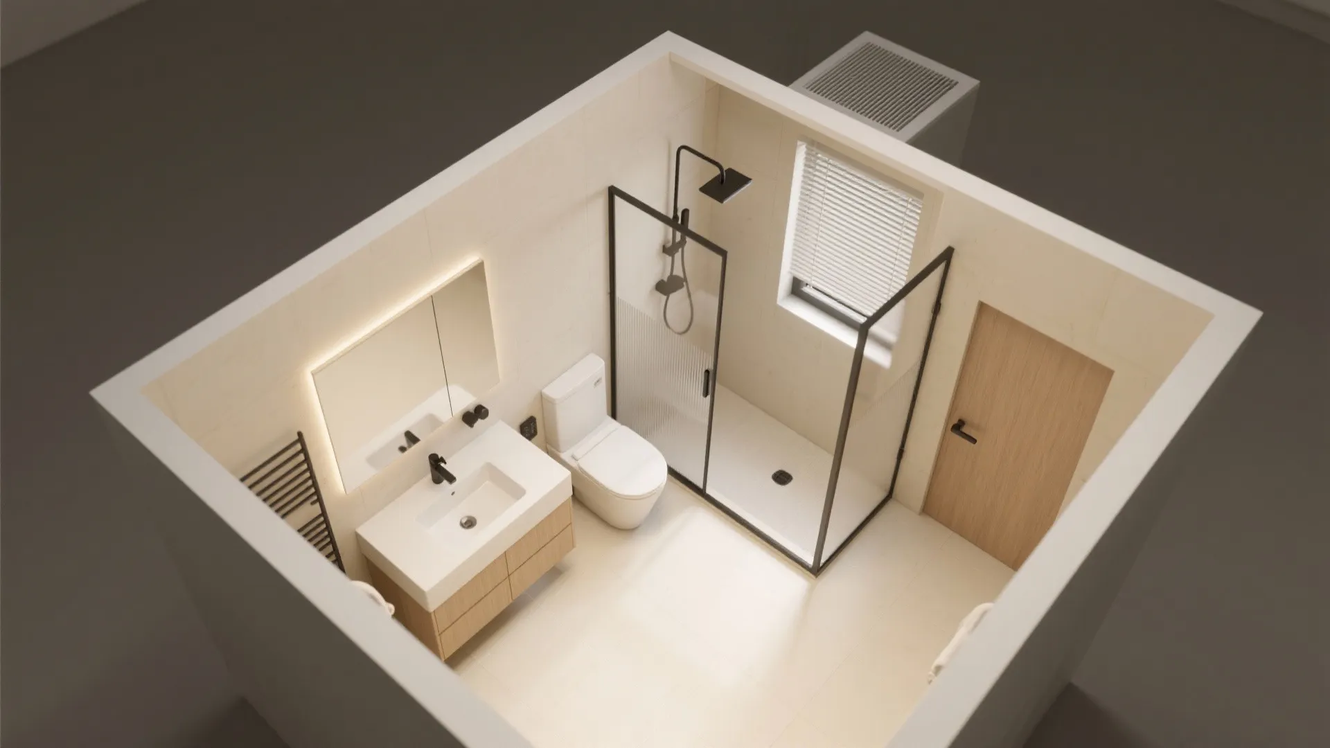 Top view interior design drawing of modern bathroom with shower toilet sink and wooden door
