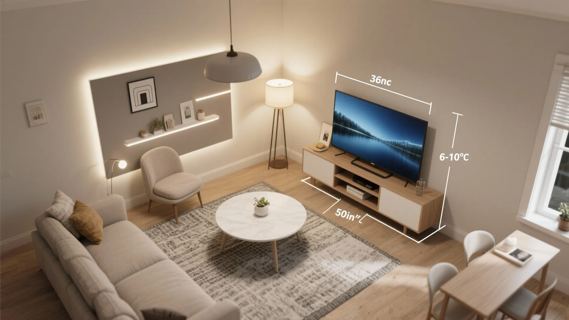 Top-down planning visual showing 36-inch traffic lane, TV viewing distance, and layered lighting zones.