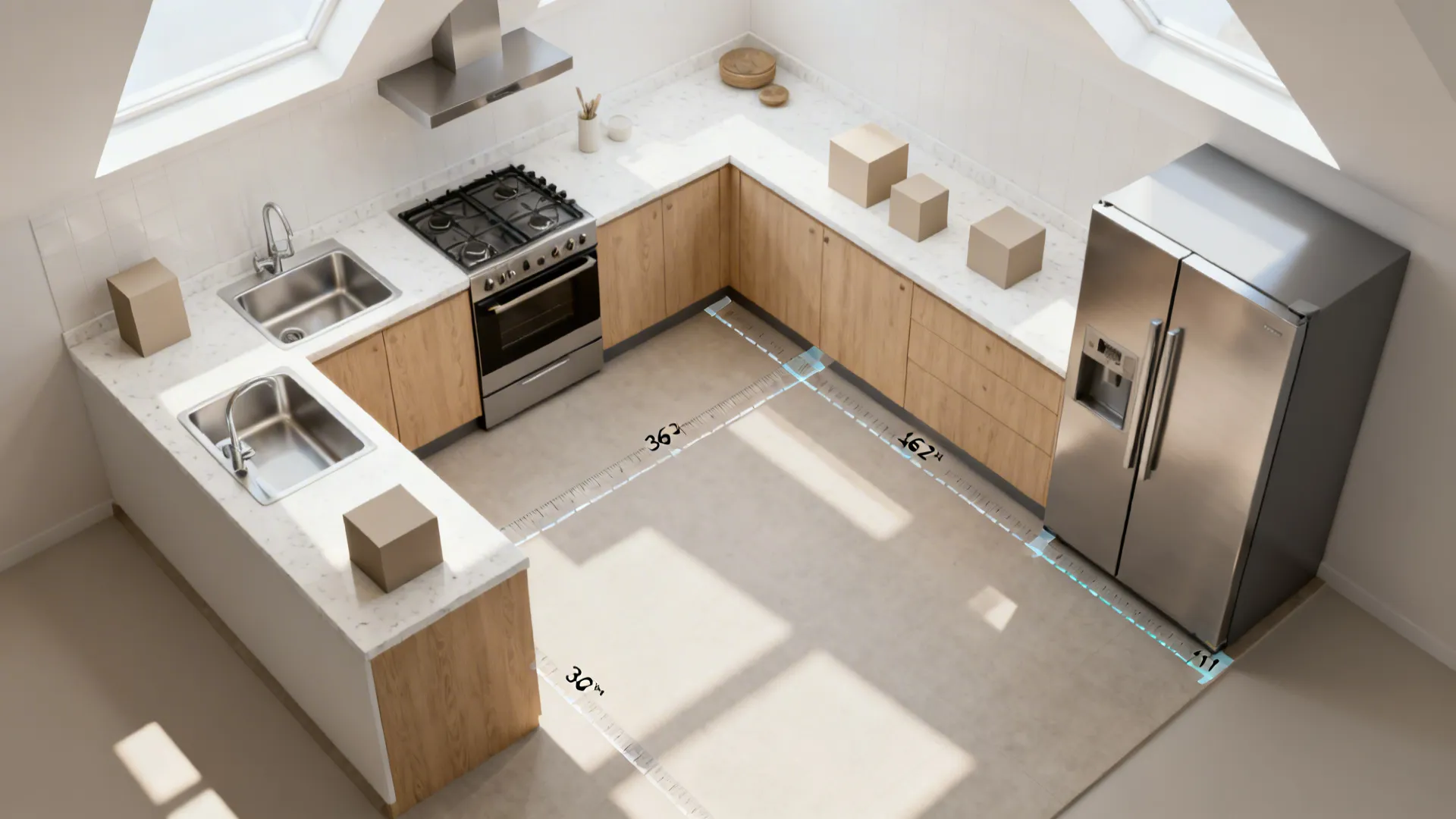 Top-down mockup showing L-shape and galley options with 36–42 inch aisle clearances.