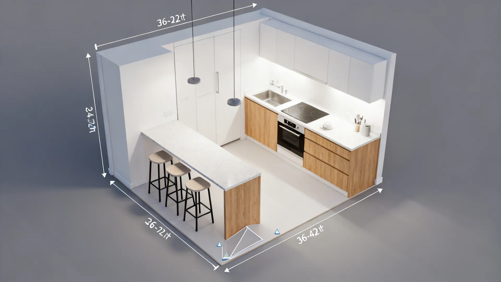 Interior design drawing showing small kitchen layout with white cabinets wooden island and specific dimensions