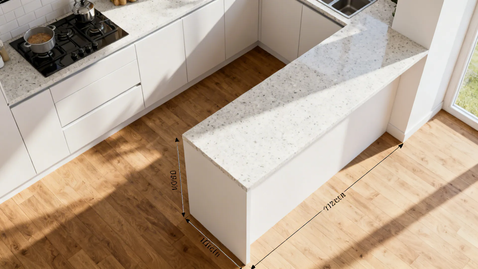 Top view interior design drawing of white kitchen with island showing measurements on wood floor