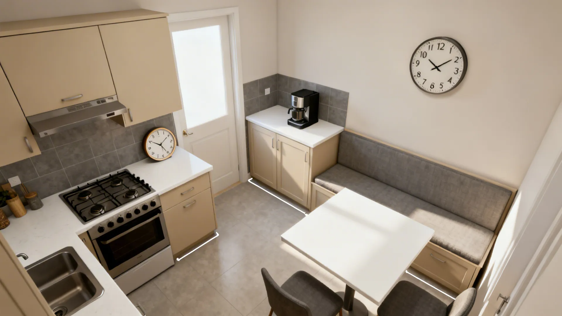 Top-down layout showing ideal kitchen wall clock sizes and positions away from steam.
