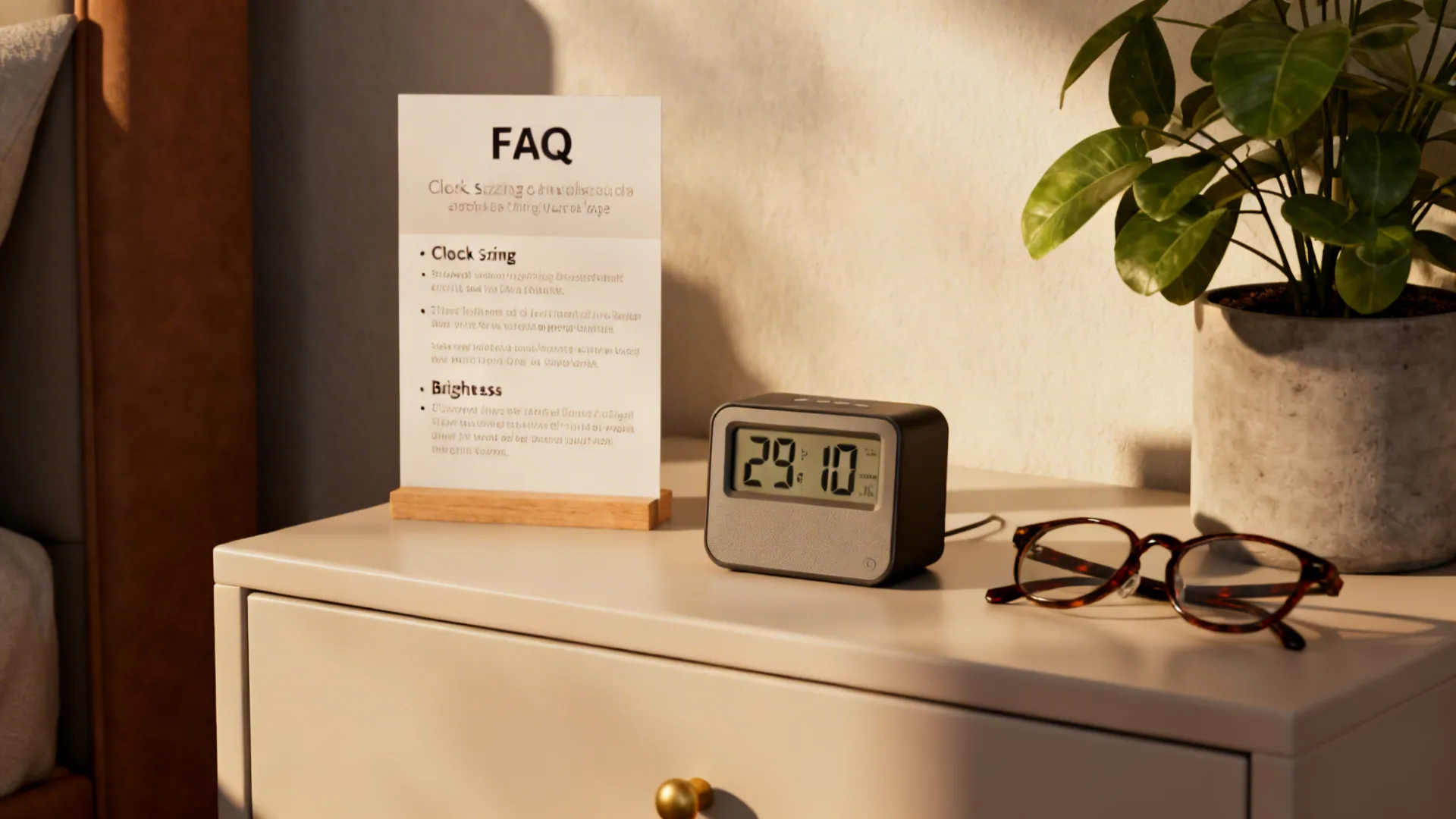 Side table with a small digital clock and an FAQ card about clock sizing and brightness.