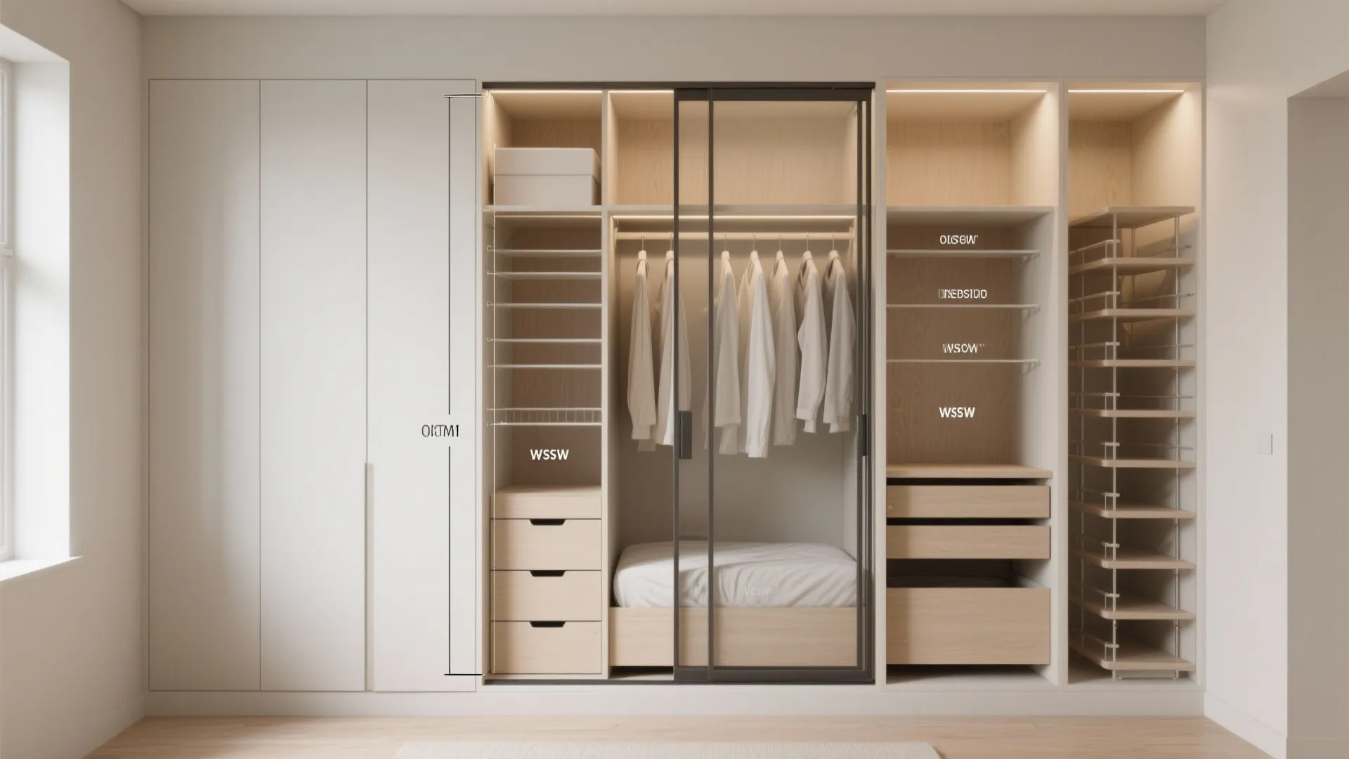 Custom built in wardrobe with glass sliding doors wooden shelves drawers and white hanging shirts