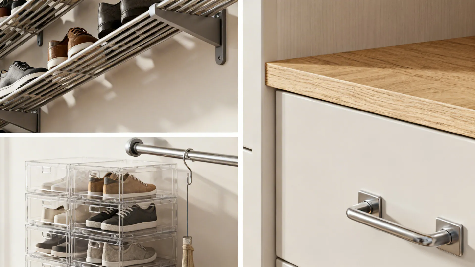 Close-up collage of angled shoe rails, clear boxes, pull-down rod and laminated plywood edge with metal hardware.