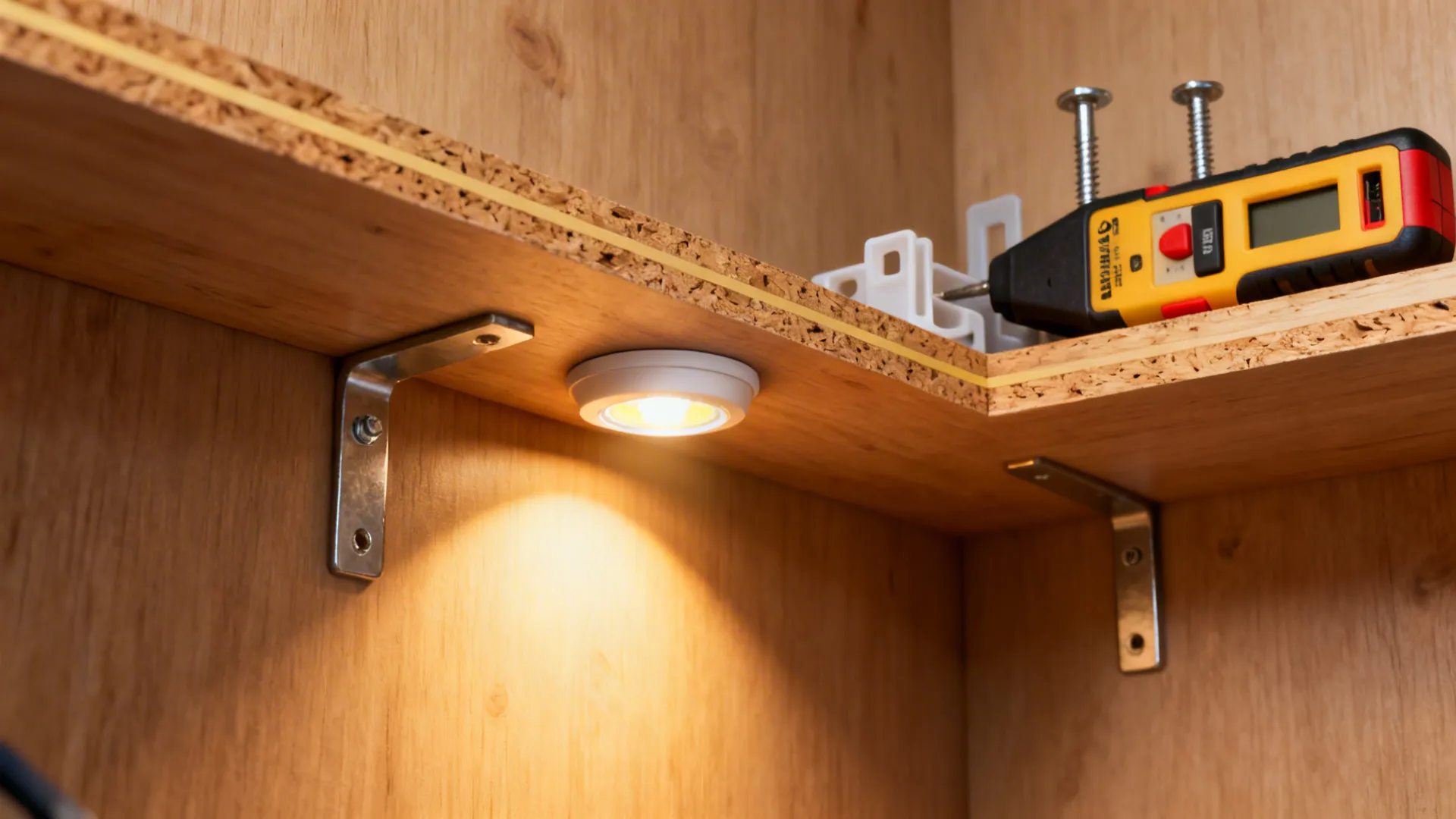 Wooden shelf with small light fixture and tools for installing custom storage units in houses