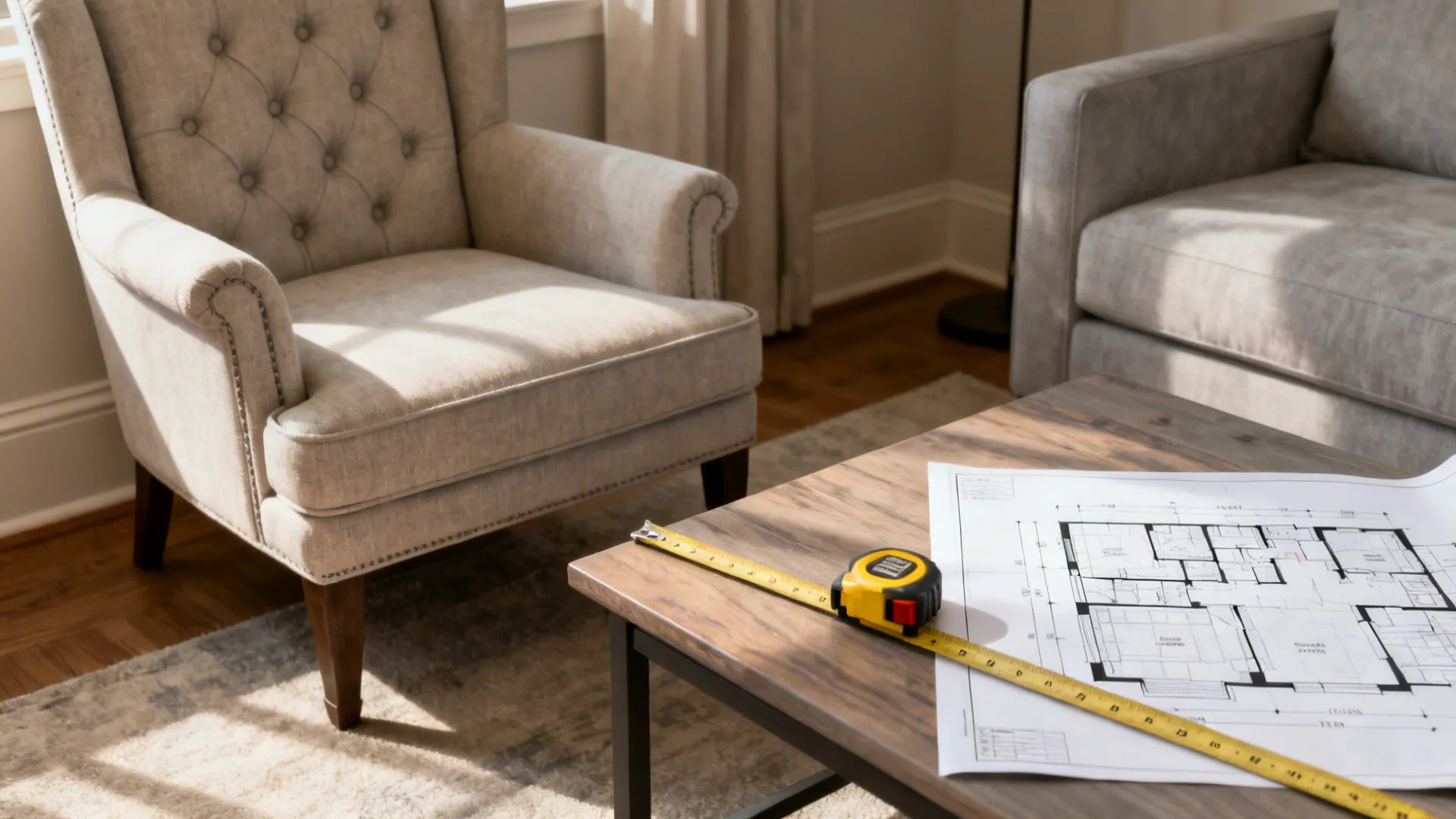 Club chair next to a tape measure and floor plan, illustrating sizing and planning tips