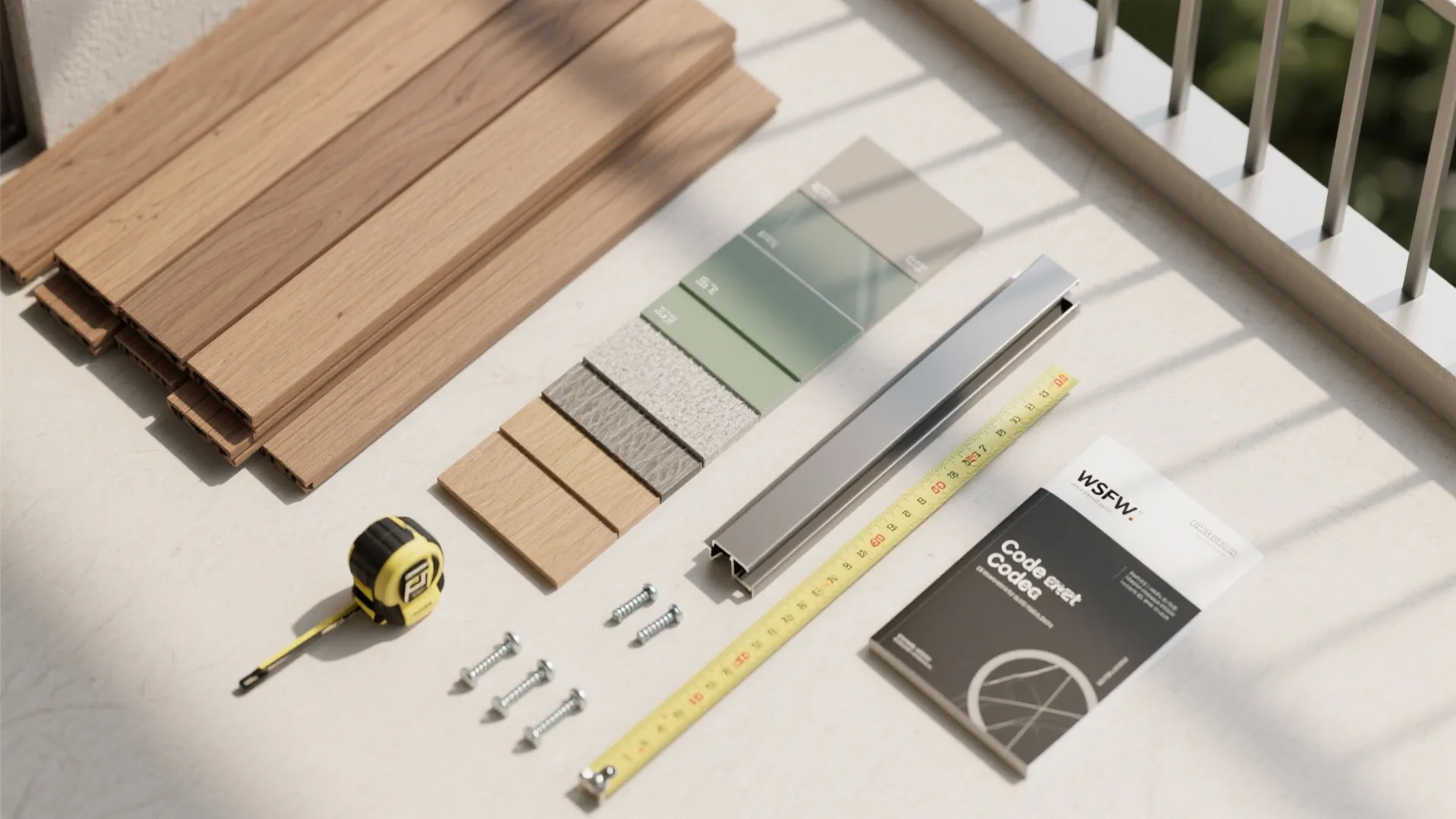 Top-down flatlay of balcony materials and safety elements: guard profile, composite deck, laminated glass, battens, tape.