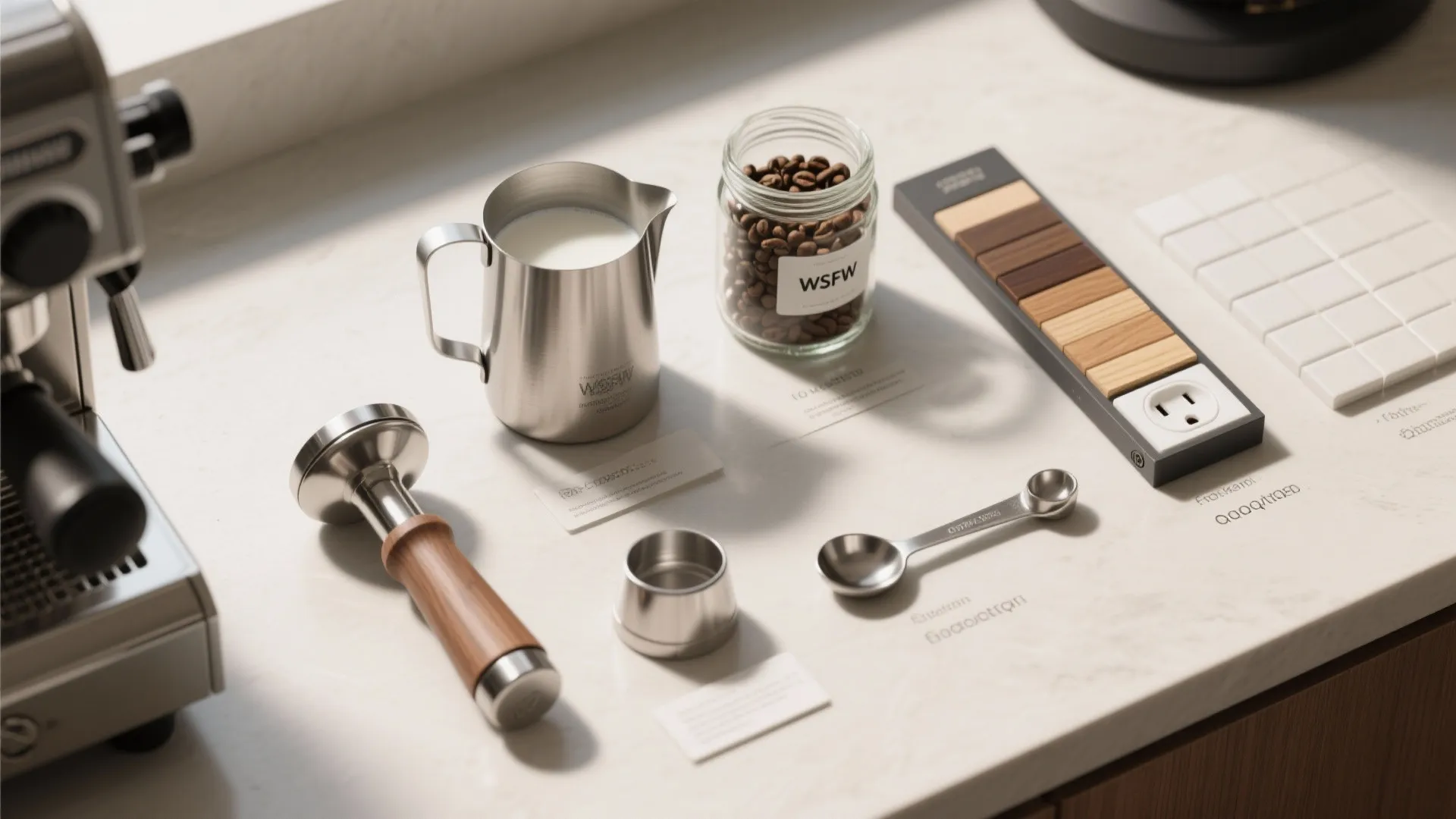 Selection of professional coffee making tools milk pitcher beans and wood samples on white counter