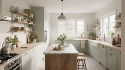 Scandinavian Kitchen with Green Cabinets & Wood Countertops