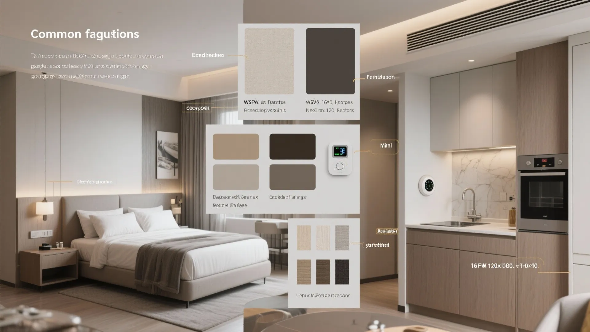 Collage showing bedroom and kitchen designs with various material color swatches for interior decoration choices