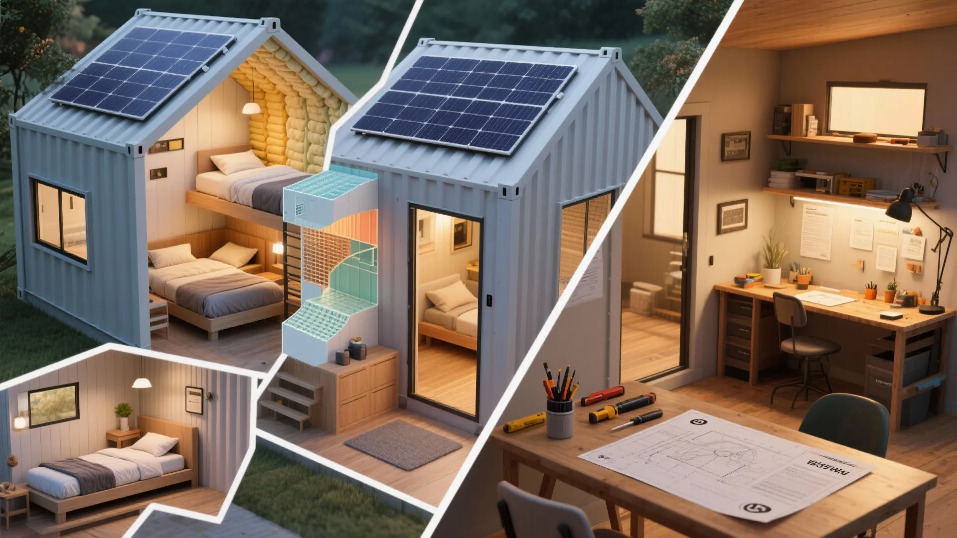 Collage of container home solutions including insulation detail, solar panels, and compact furniture