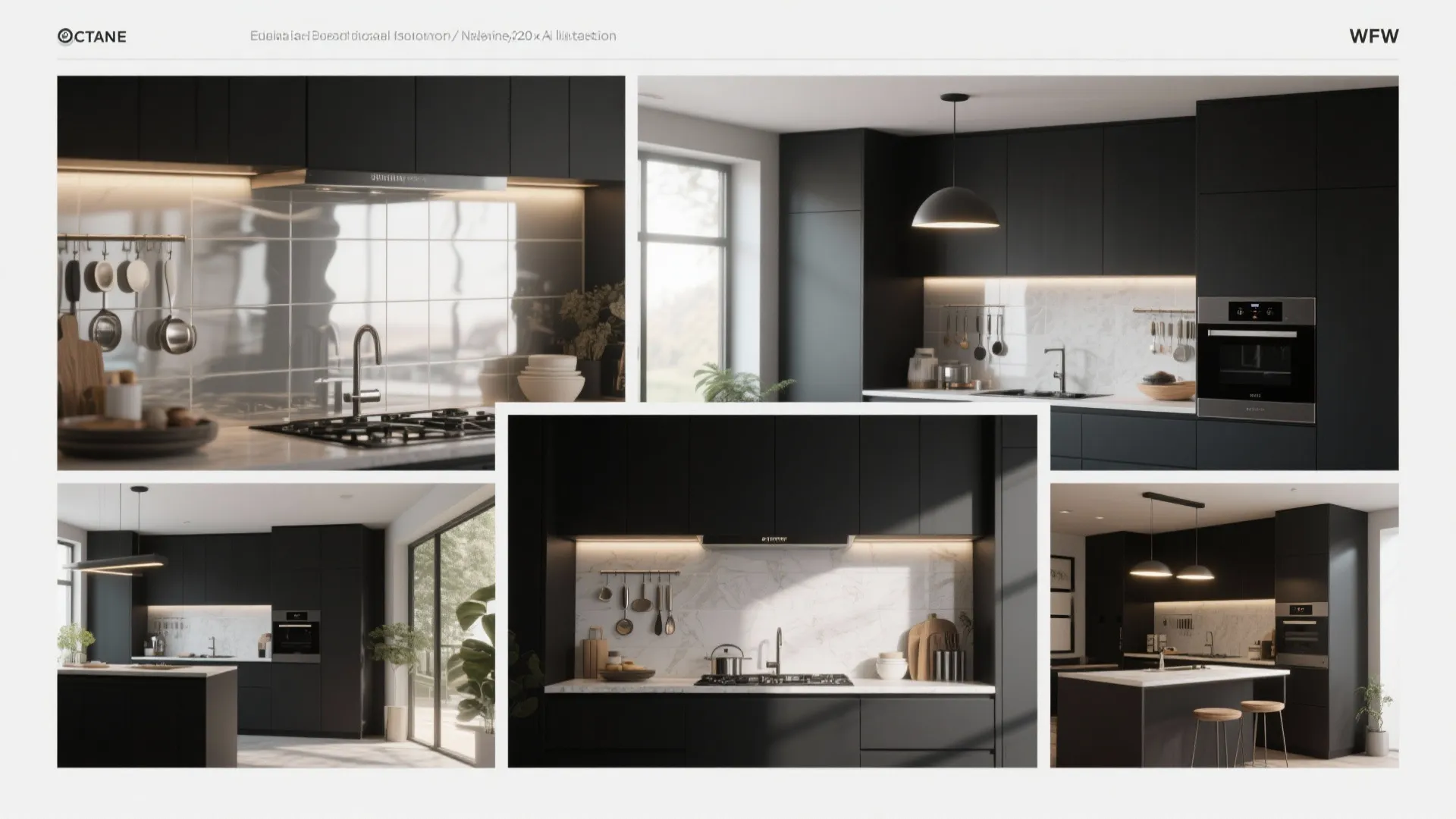 Modern black kitchen cabinets with marble splashback ceiling light island table and built in oven
