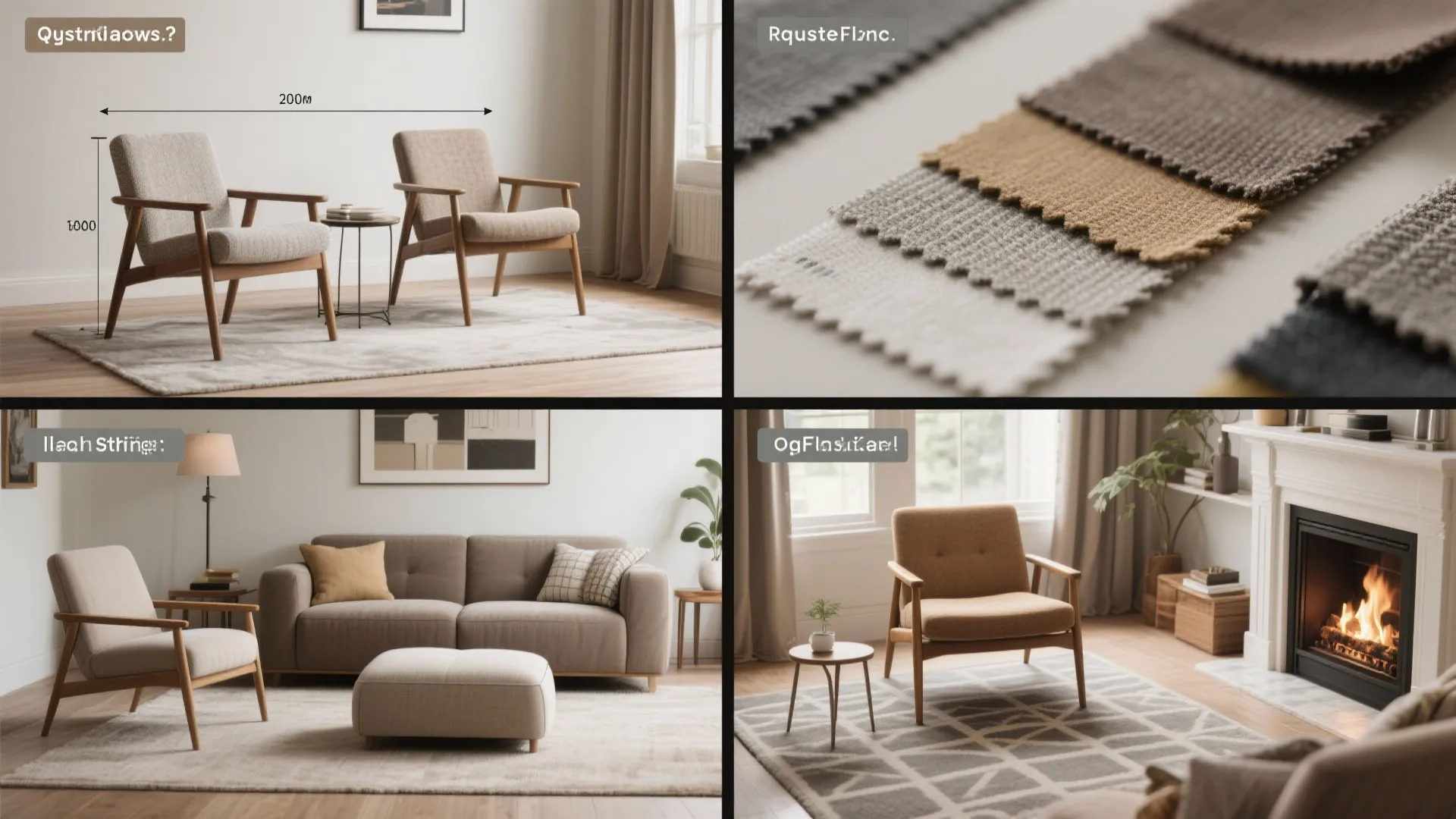 Collage of scenes showing chair size guidance, matching vs mixed styles, fabric swatches and fireplace layout tips.