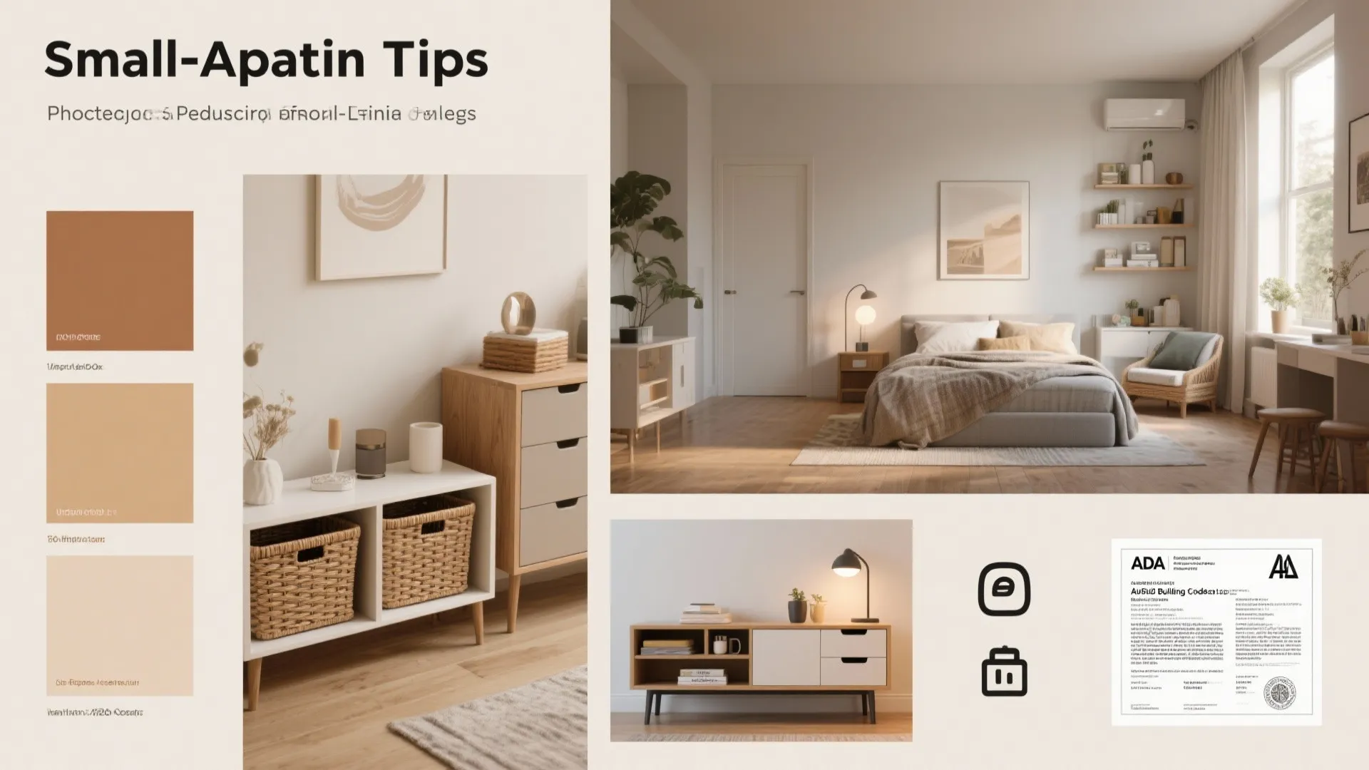 Collage of paint swatches, storage ideas, lighting layers and reference cards for small-apartment FAQs