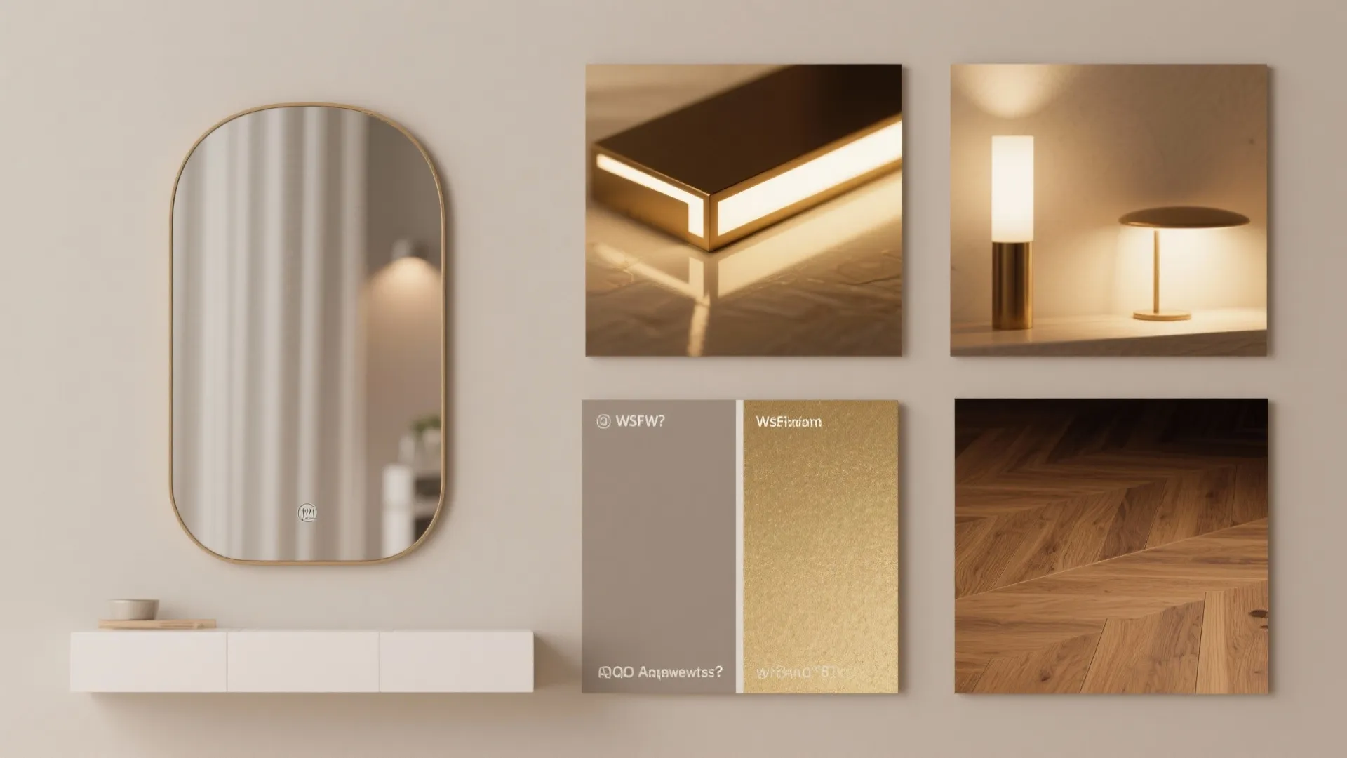 Collage showing paint swatches, mirror, gold finish and lighting examples for gray-and-gold bedrooms