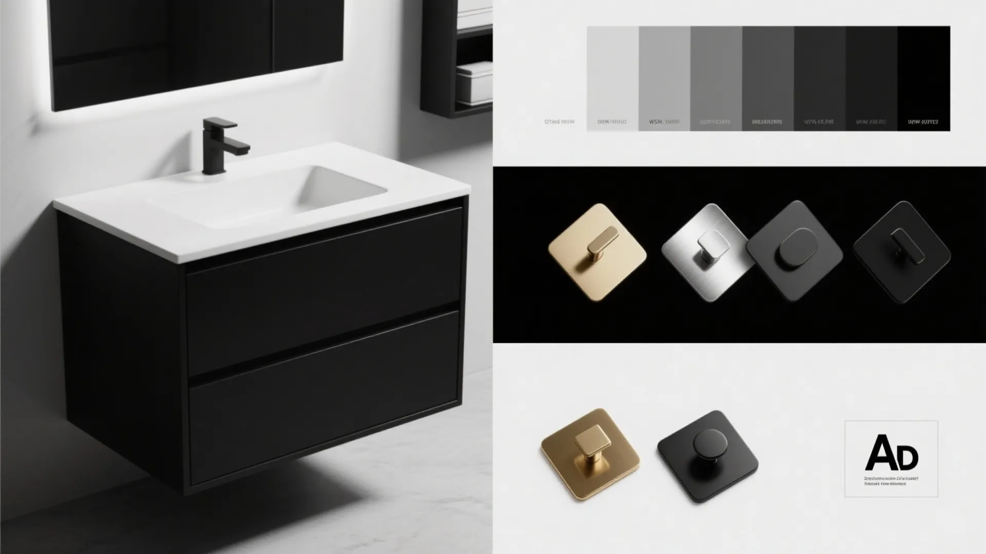 Modern black bathroom cabinet with white sink, color swatches, and various metal handle design options