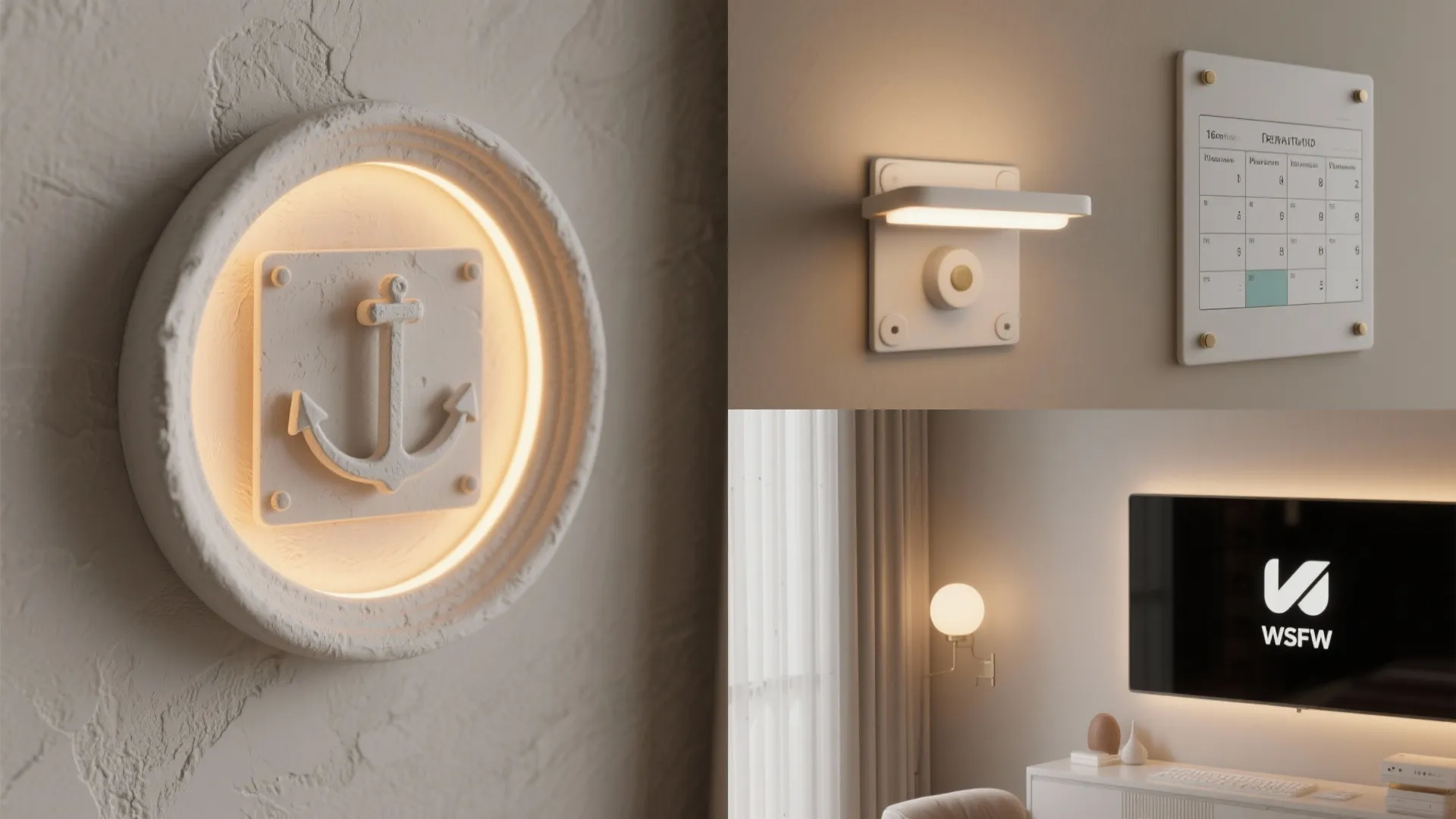Collage of plaster sconce solutions including removable backplates, LED halo, and planner visuals.