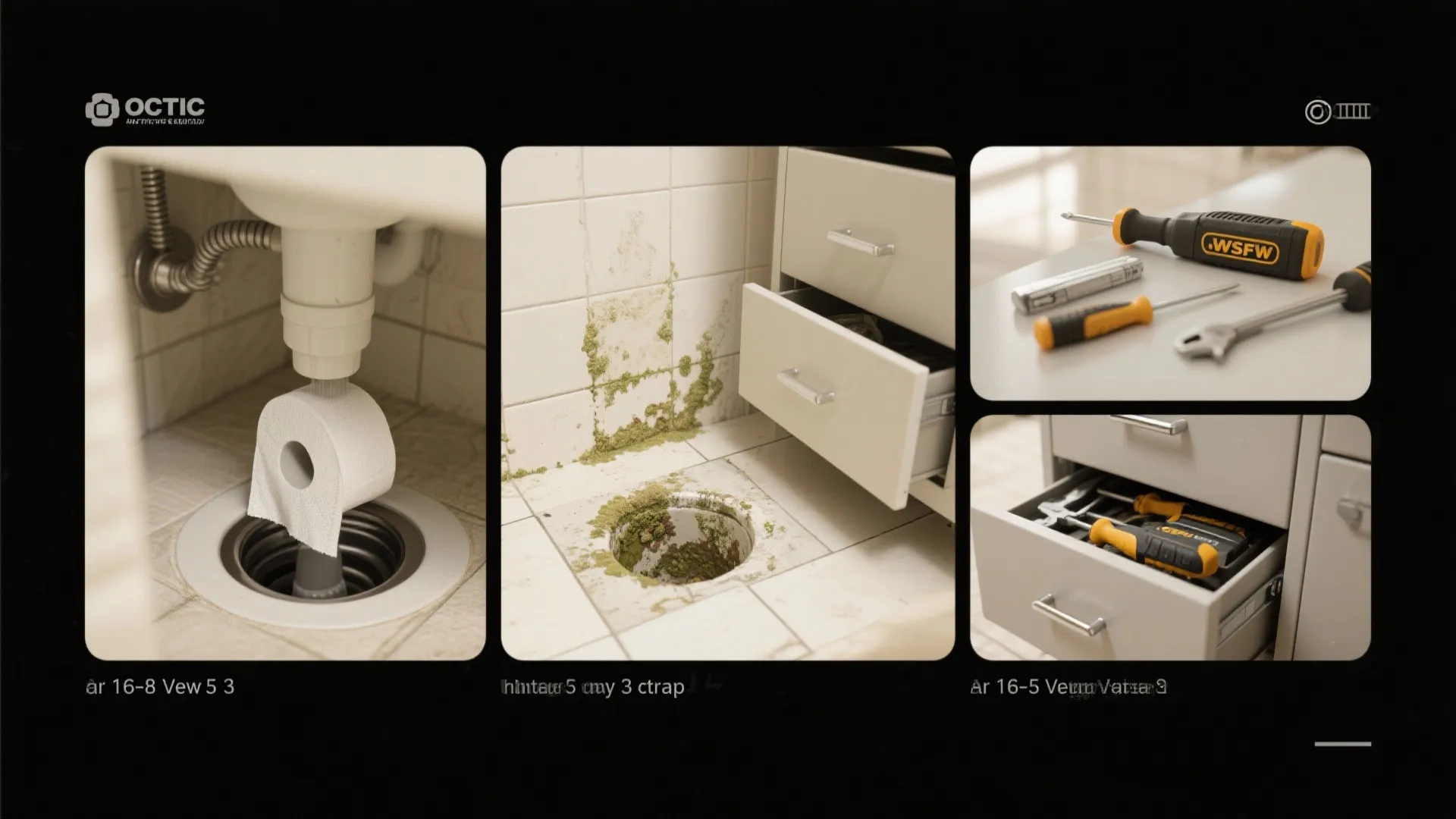 Collage of drain test, mold removal, sealed storage and tools illustrating FAQ solutions for bathroom pests.