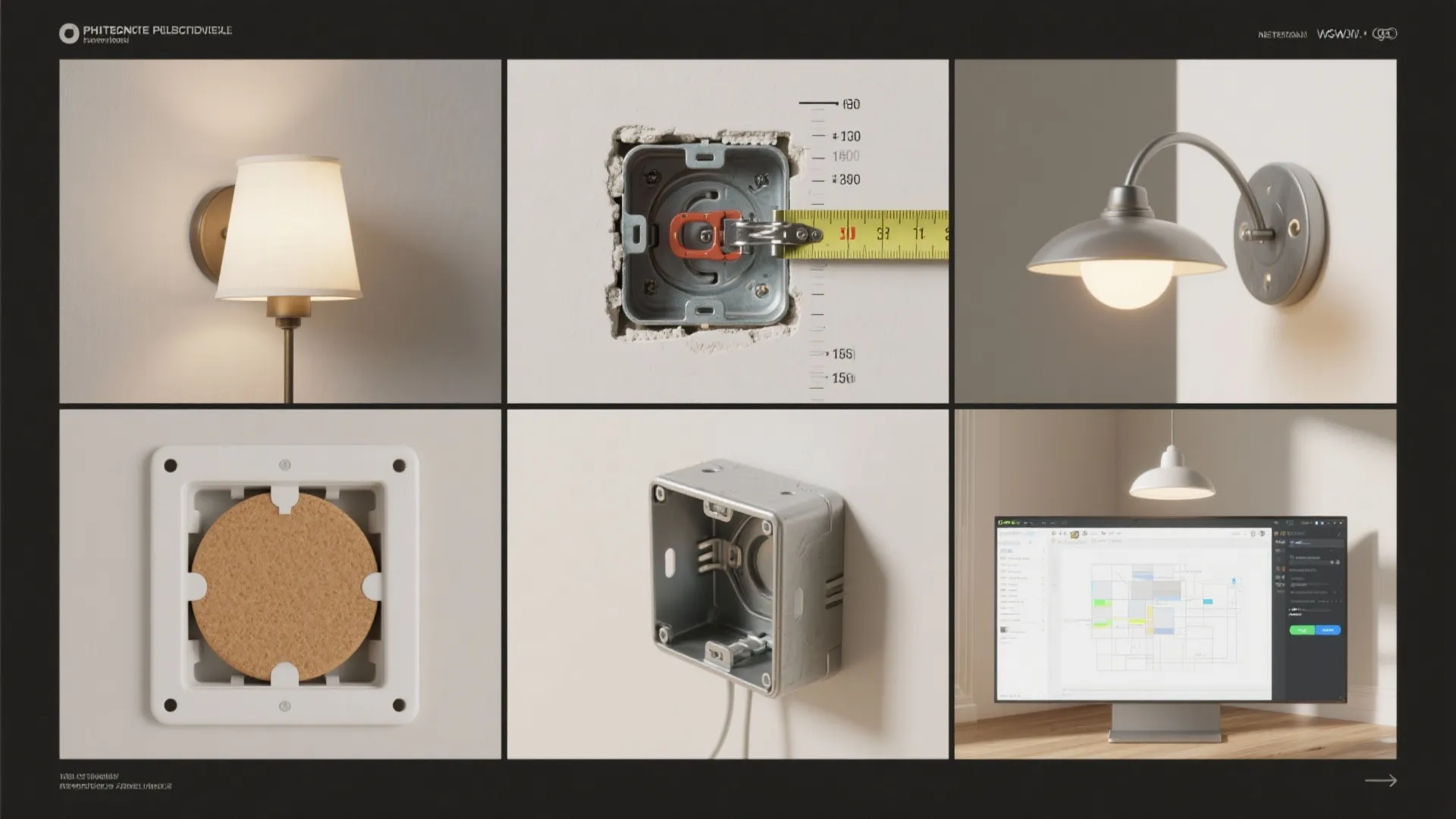 Collage showing wall light installation steps including measuring tape and electrical box for interior design
