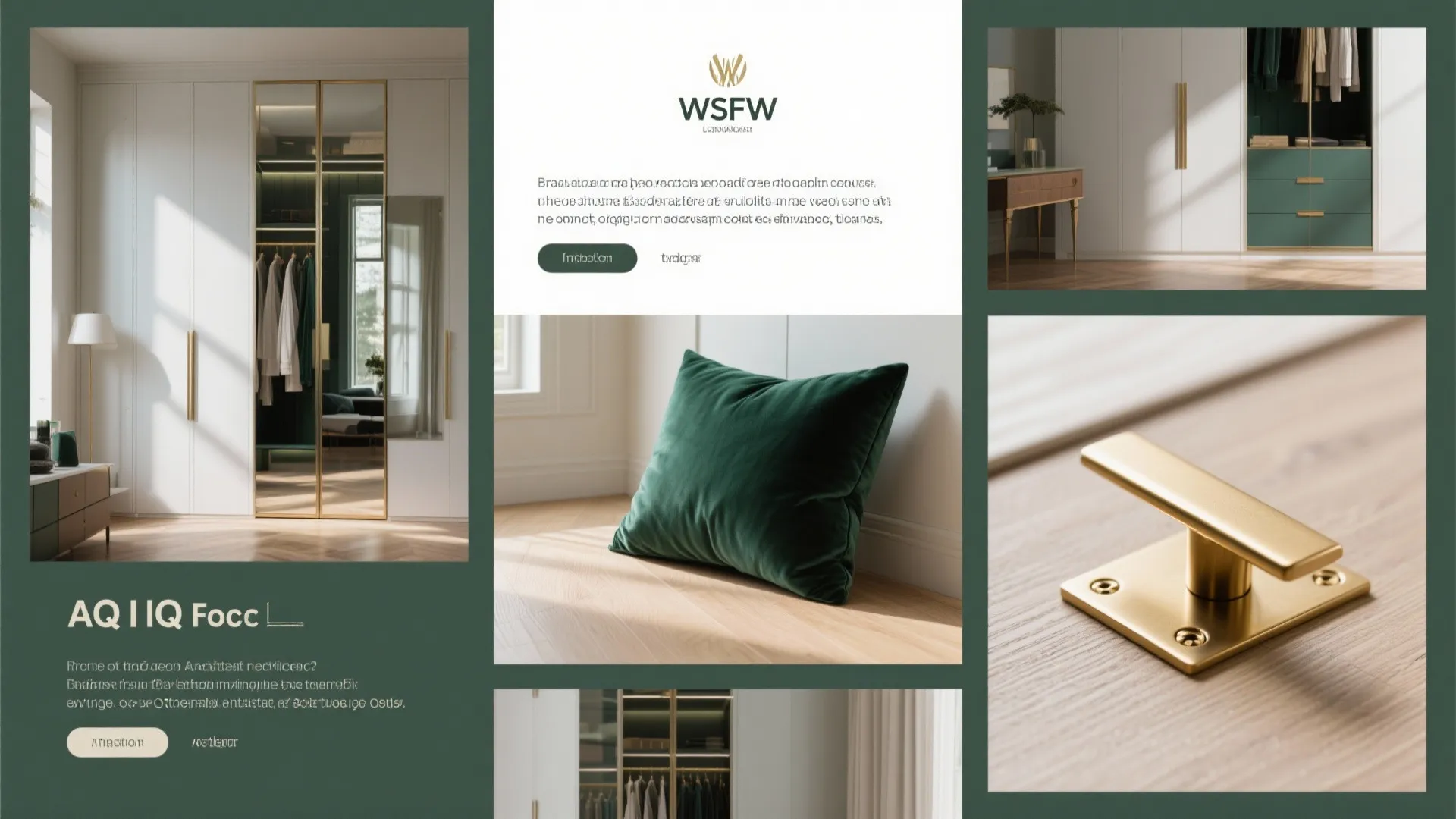 Collage of mirrored wardrobe, emerald cushion, wood flooring and gold hardware for FAQ illustration