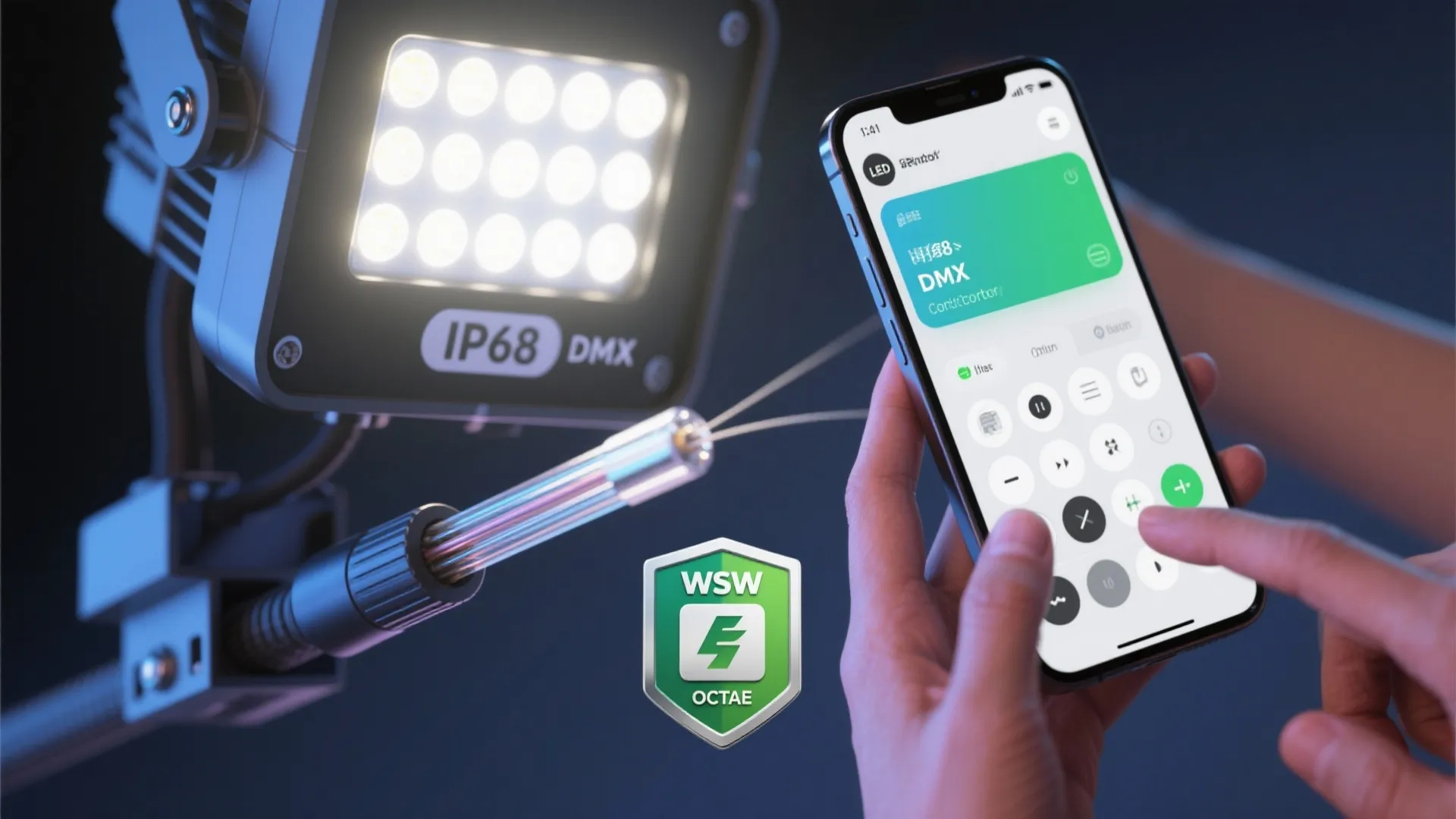Smart phone app controlling a waterproof light fixture with simple buttons and green interface display