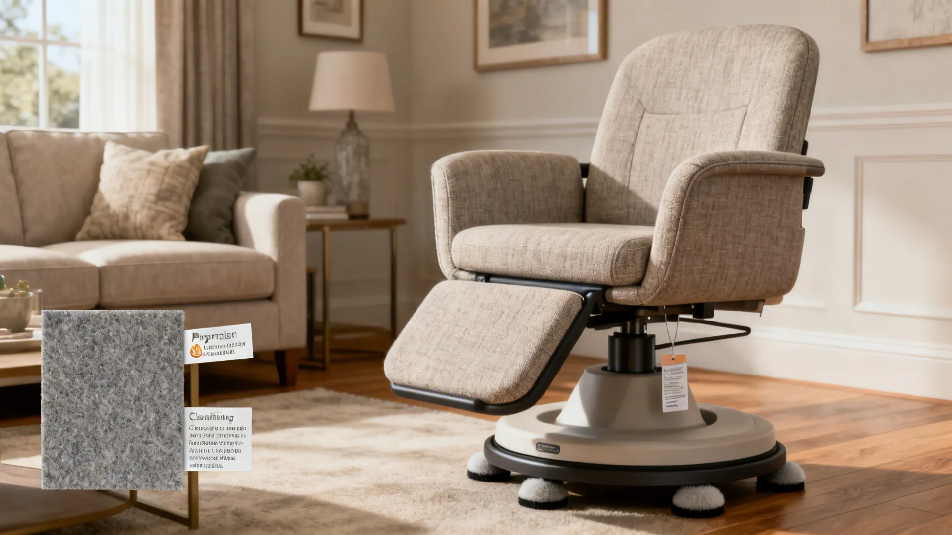 Collage showing senior-friendly swivel, floor protection, and performance fabric samples