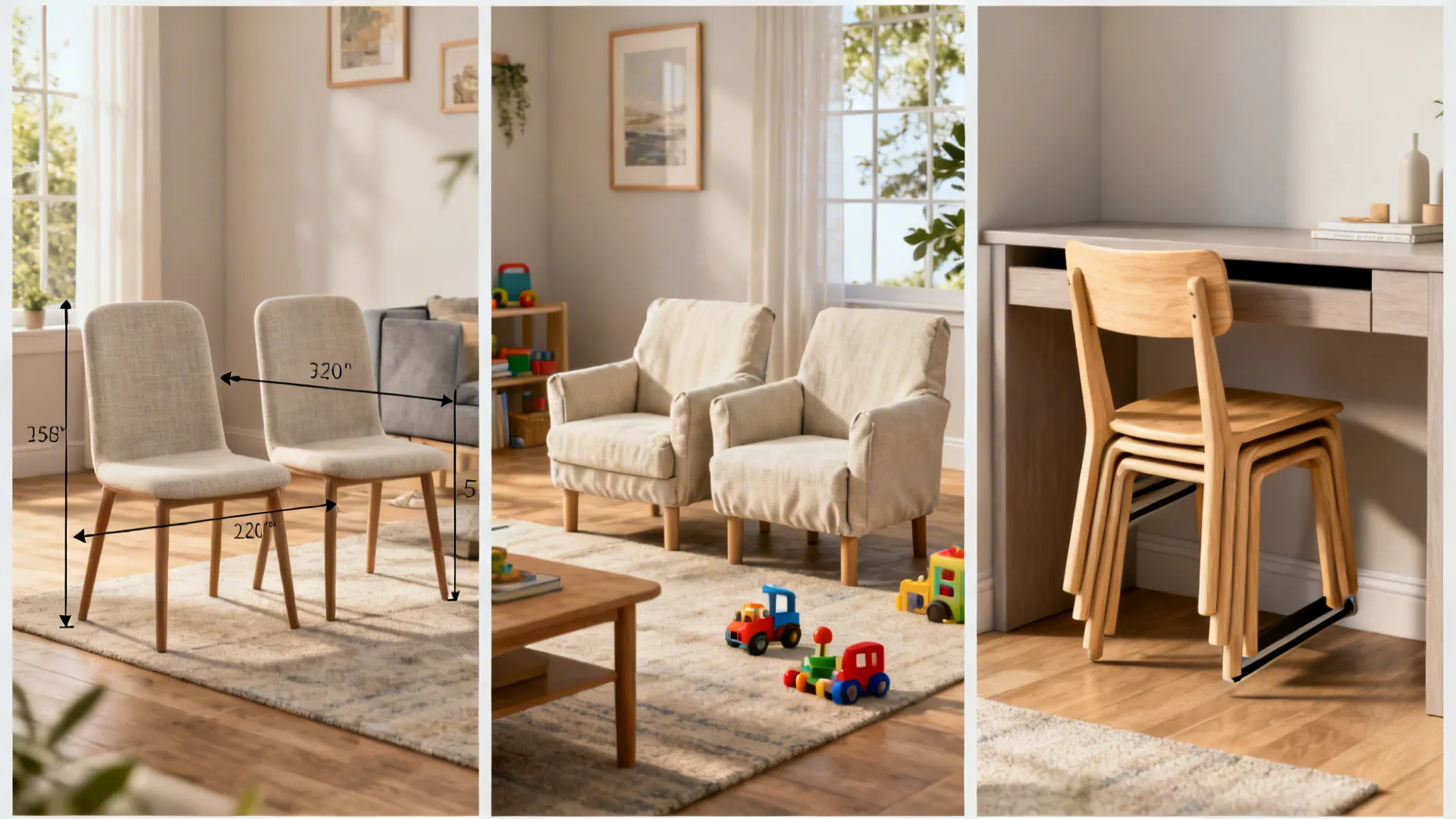 Collage of small living room seating scenarios answering size, fabric, and multi-use questions.