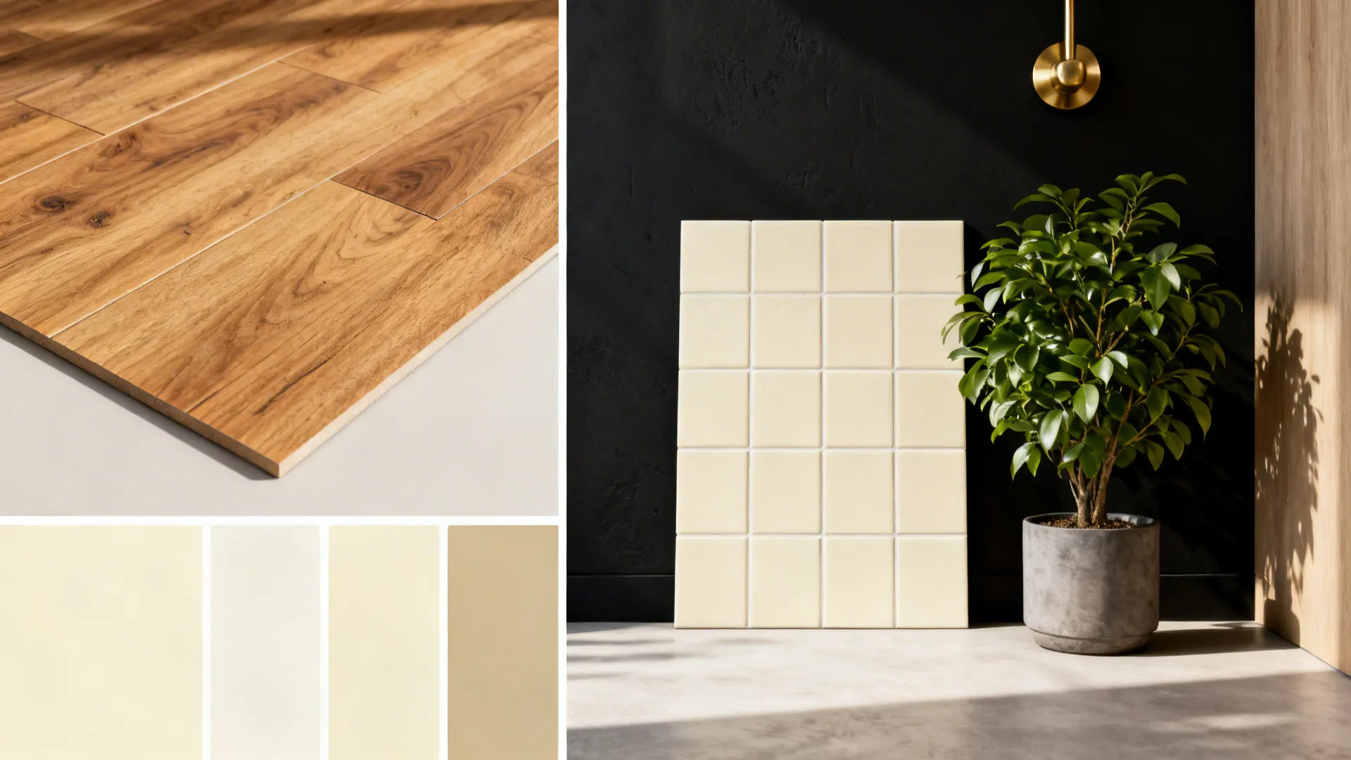 Collage showing flooring, paint swatches, plant and metal accent examples for black-and-cream living rooms