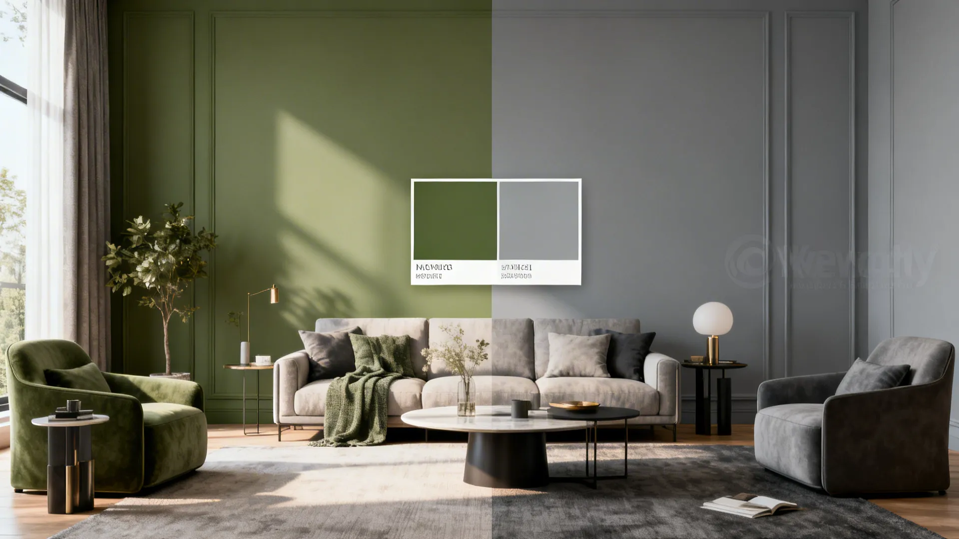 Collage showing grey and olive combinations, accent wall vs full-wall tests and fabric samples.