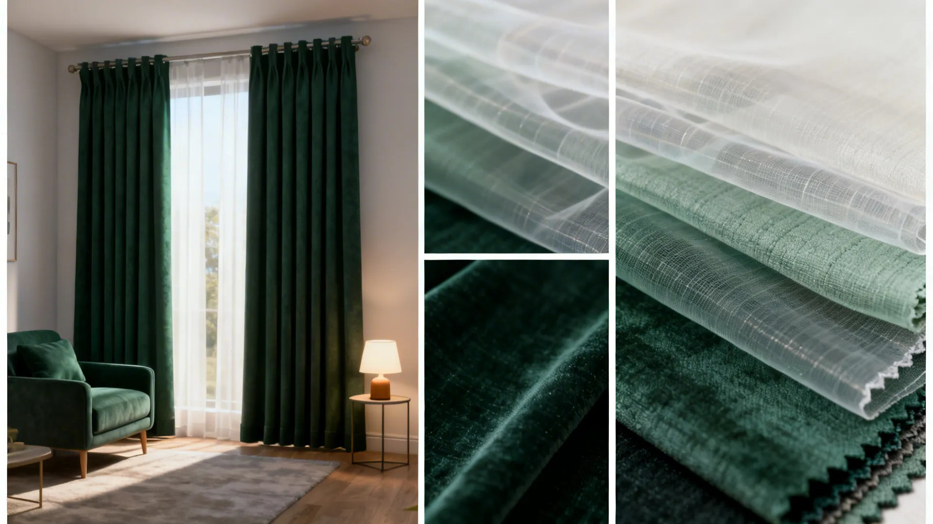 Collage of vignettes showing dark green curtains, swatches, sheers and lighting tips for small rooms.