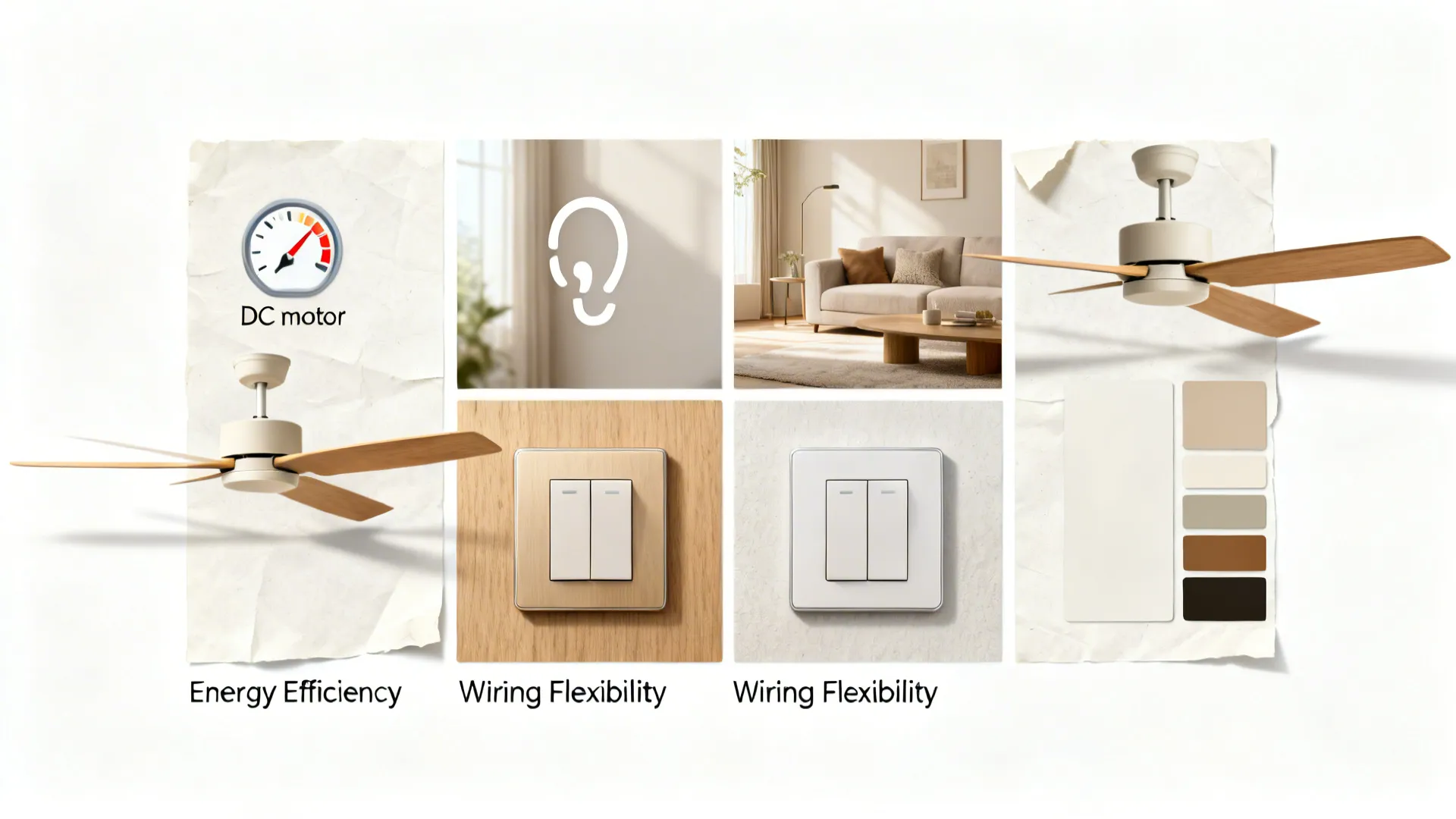 Collage illustrating FAQ topics: efficiency, noise, wiring, and cohesive finishes for two ceiling fans.