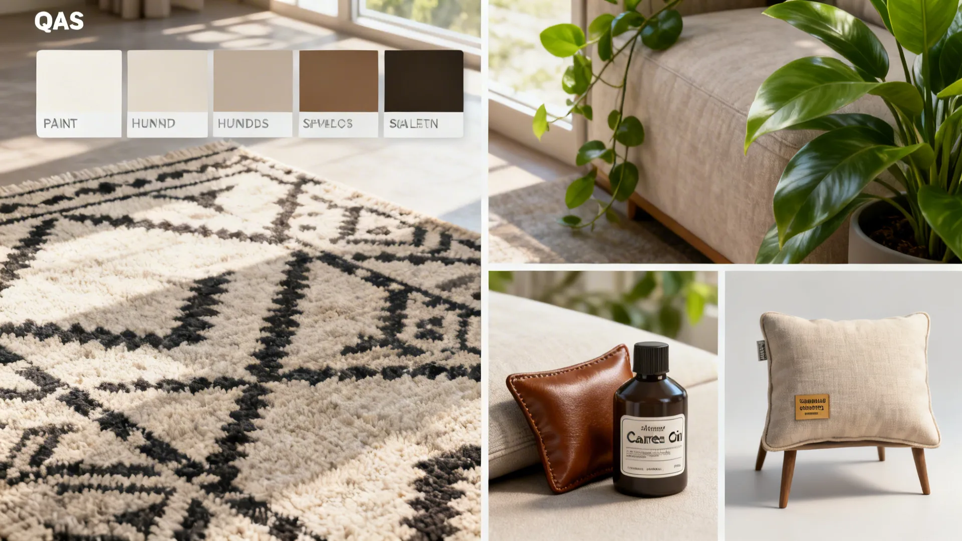 Collage of paint swatches, rug scale samples, plant accents, and leather care items illustrating brown-and-white FAQs