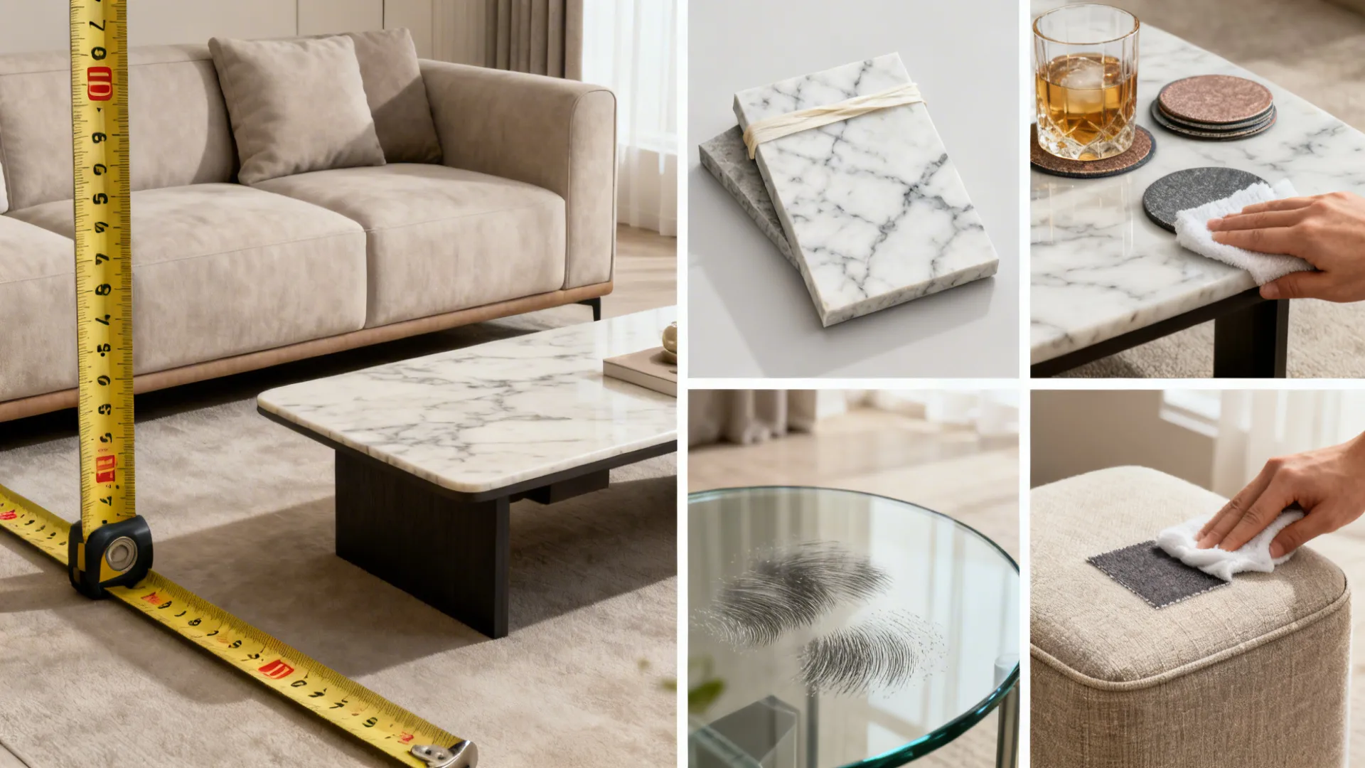 Collage of practical coffee table tips: measuring for scale, marble care, glass cleaning, and fabric swatches.