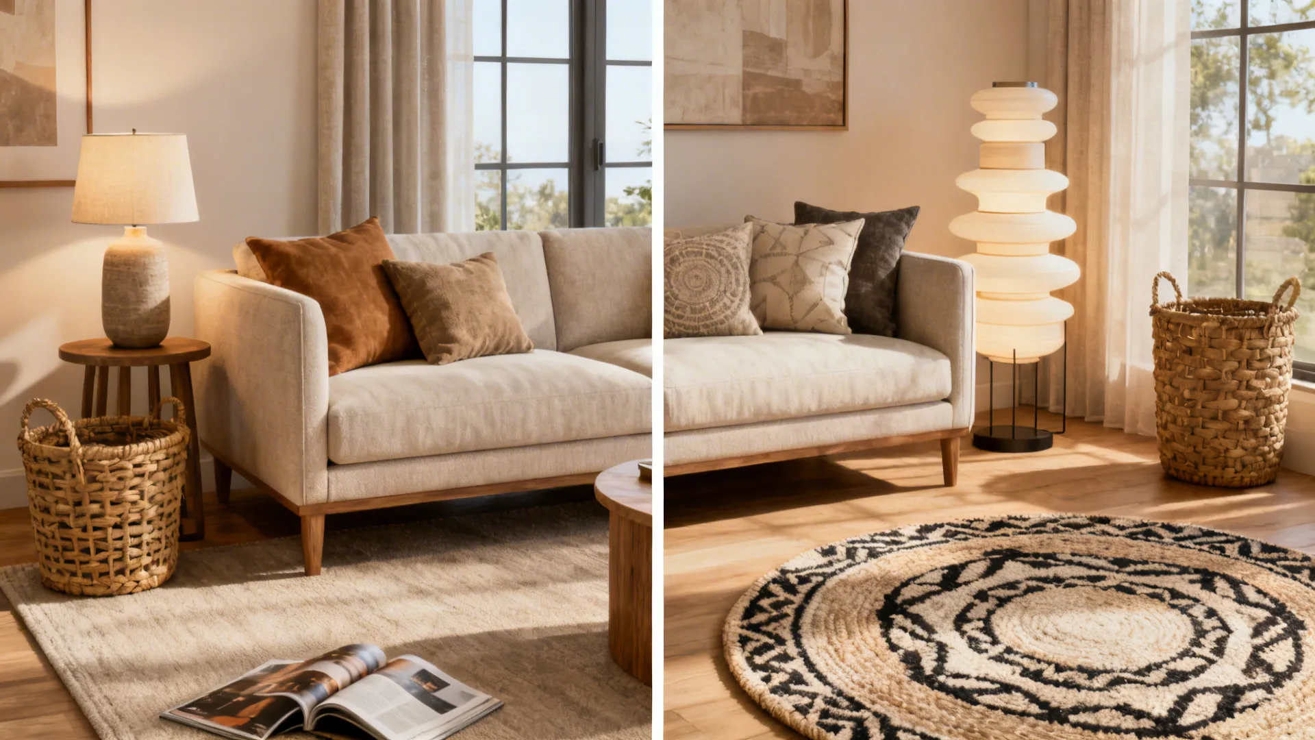 Cozy living room with beige sofa brown pillows floor lamp woven basket and round pattern rug