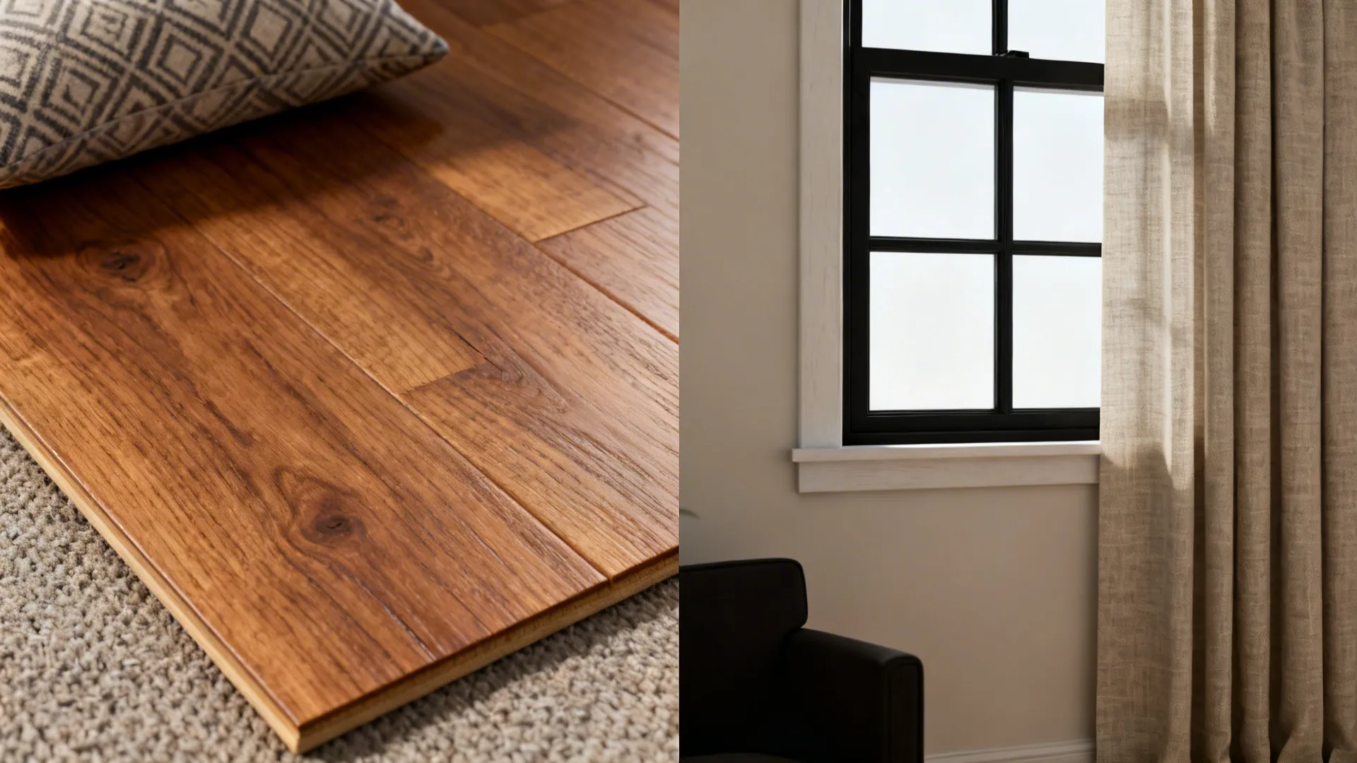 Collage of modern farmhouse details: wood flooring, patterned cushion, black frame window and linen drapery.