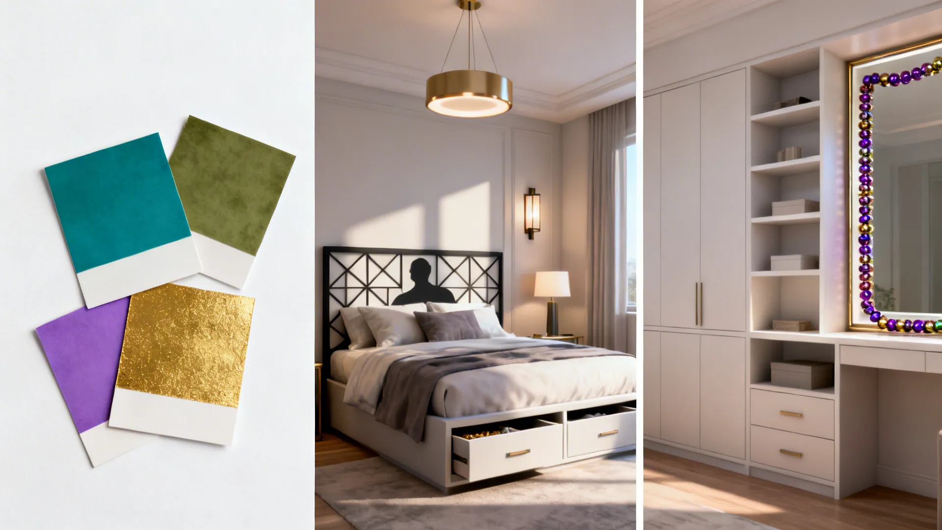 Collage of color swatches, silhouette headboard, layered lighting and storage solutions with a subtle bead accent.