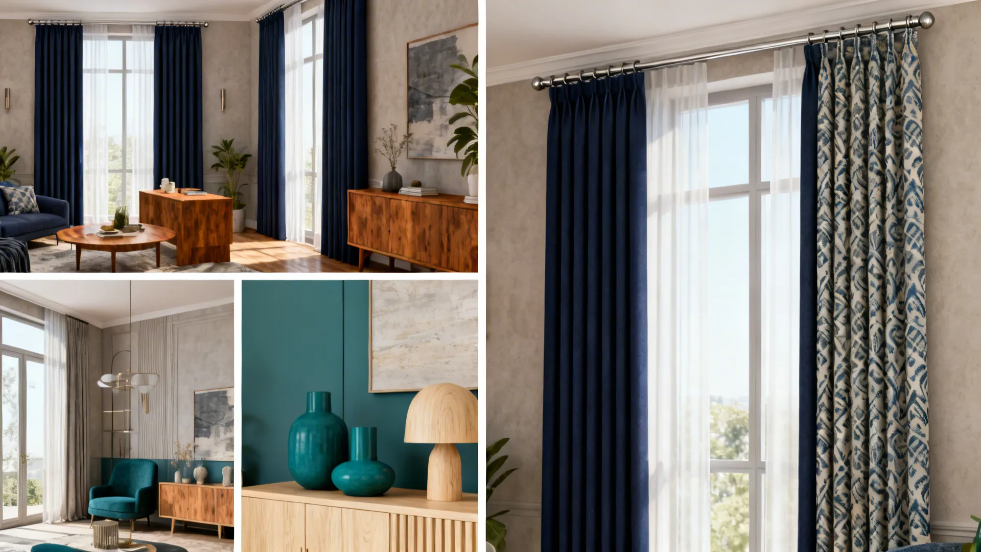 Collage showing modern interior designs with blue curtains wooden furniture stylish lighting and home decor